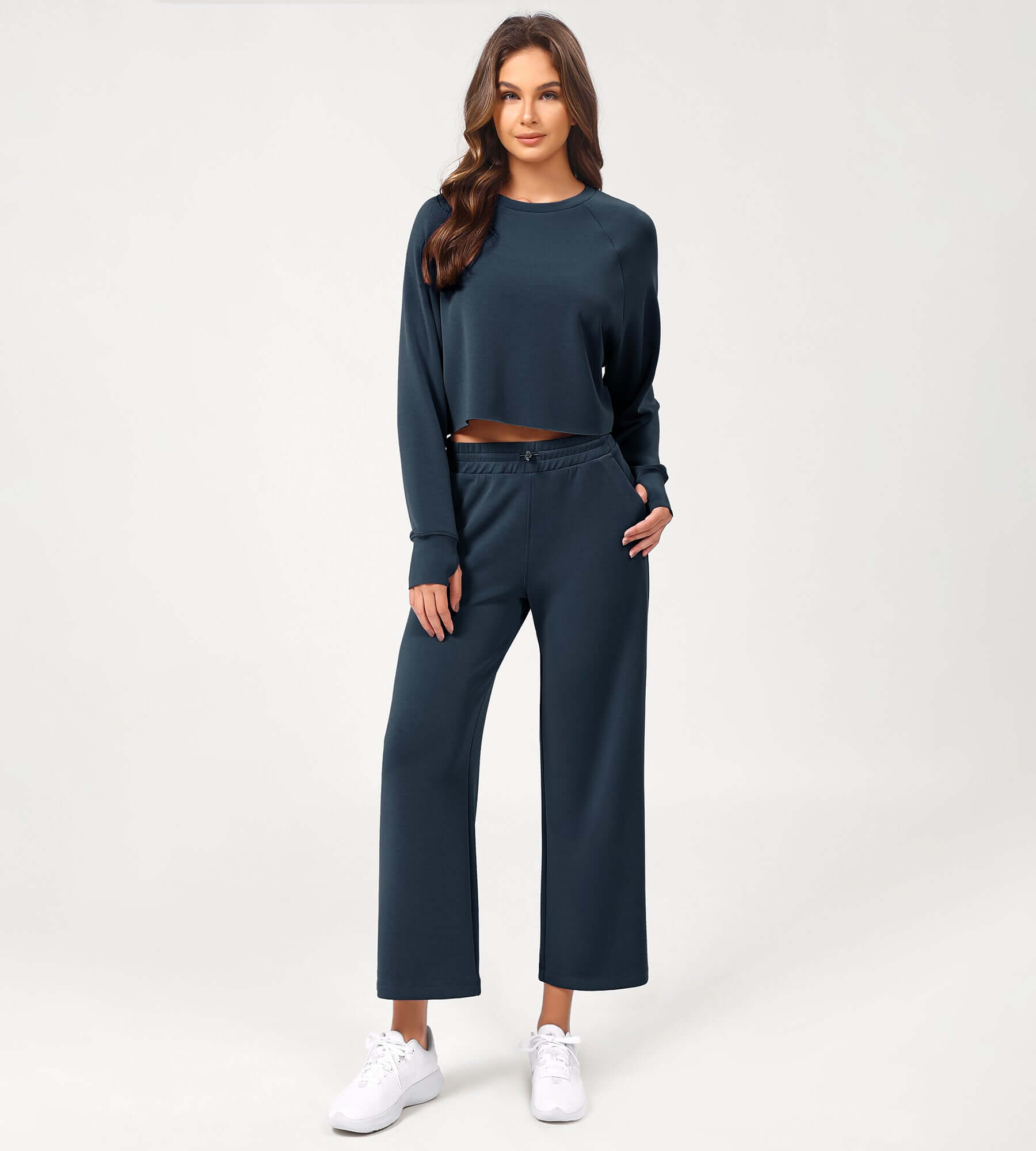 25 Adjustable Shockcord High Waist Casual Lounge Pants with Pockets Navy - ododos