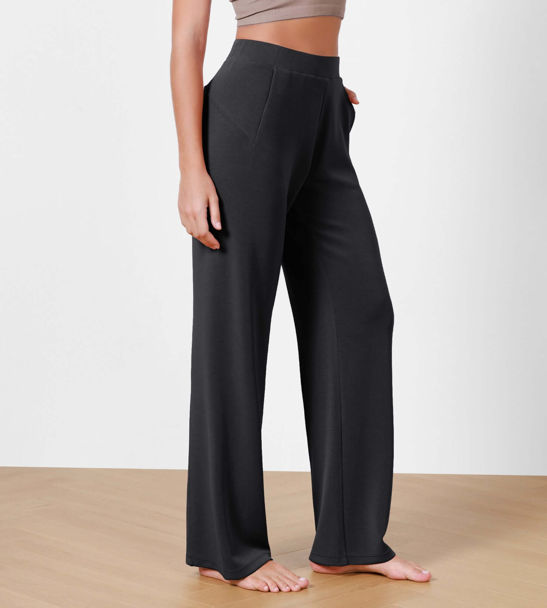 Women's Modal Soft Wide Leg Elastic High Waist Lounge Pants with Pockets Black - ododos