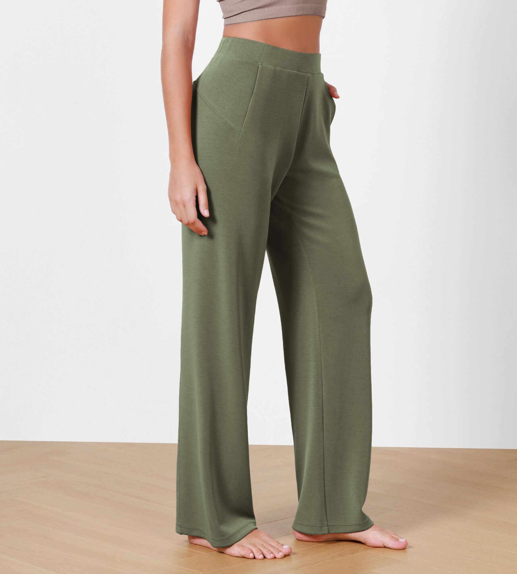 Women's Modal Soft Wide Leg Elastic High Waist Lounge Pants with Pockets Dark Sage - ododos