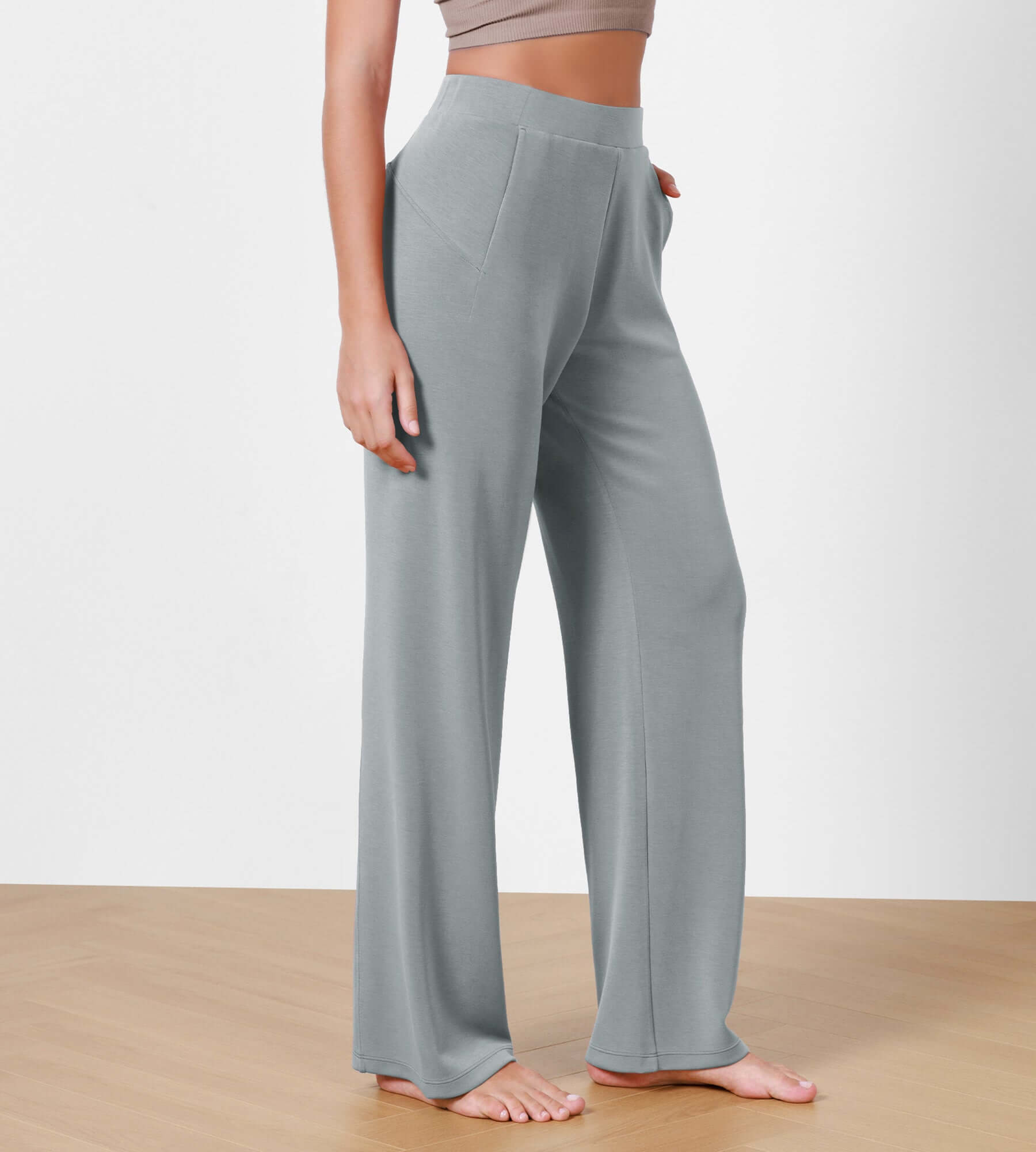 Women's Modal Soft Wide Leg Elastic High Waist Lounge Pants with Pockets Grey Blue - ododos