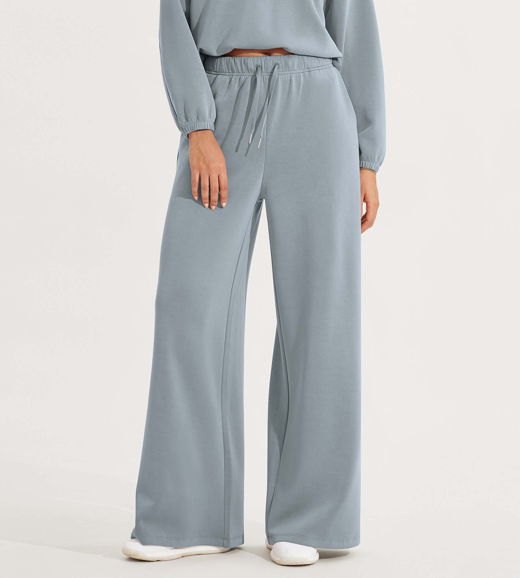 Modal Soft Drawstring High Waist Pull-On Casual Pants with Pockets Grey Blue - ododos