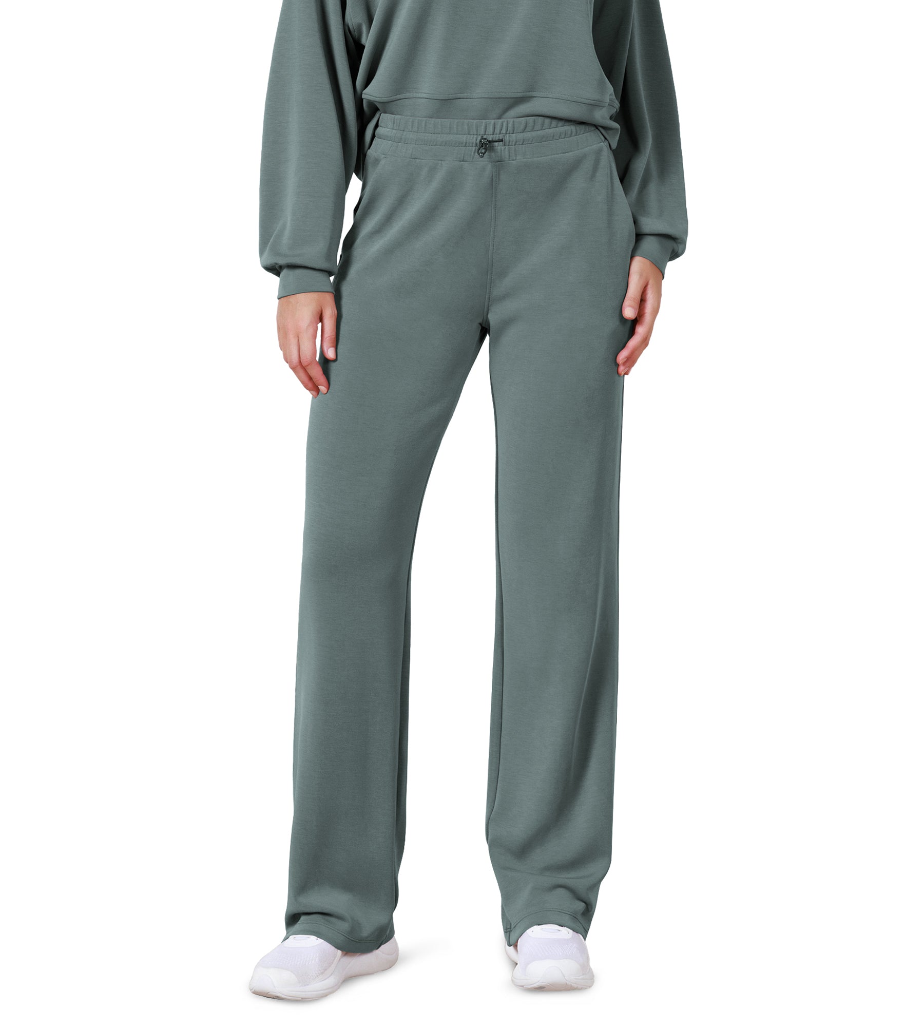 29" Adjustable Shockcord High Waist Casual Lounge Pants with Pockets Slate Green - ododos