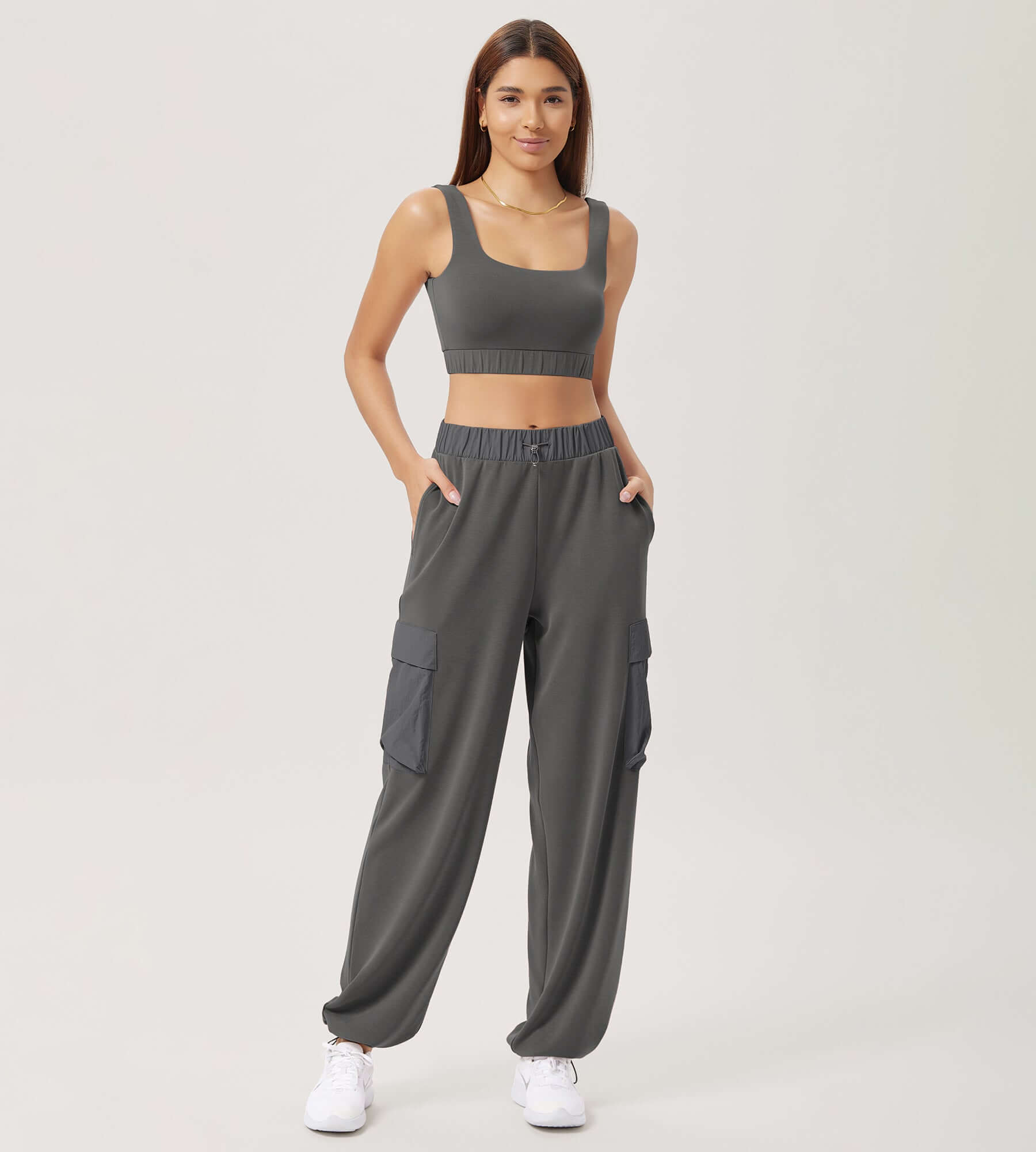 Wide Leg Cargo Adjustable Shockcord Loose Jogger Pants with Pockets Charcoal - ododos