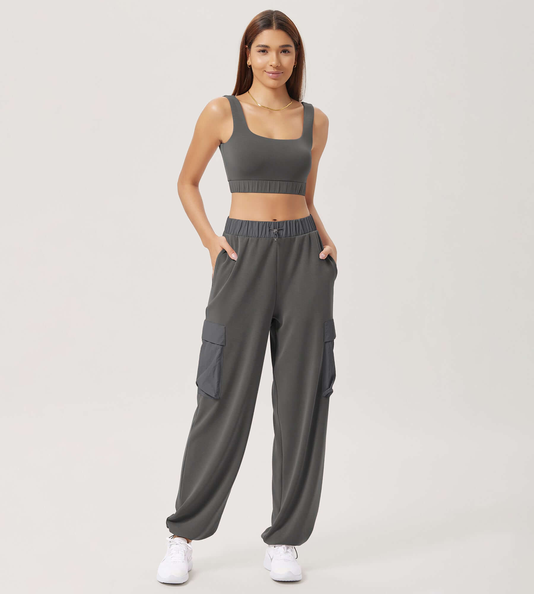 Wide Leg Cargo Adjustable Shockcord Loose Jogger Pants with Pockets - ododos