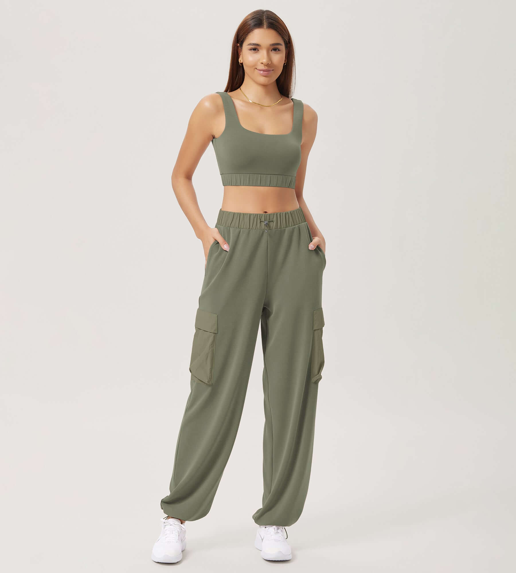 Wide Leg Cargo Adjustable Shockcord Loose Jogger Pants with Pockets Dark Sage - ododos