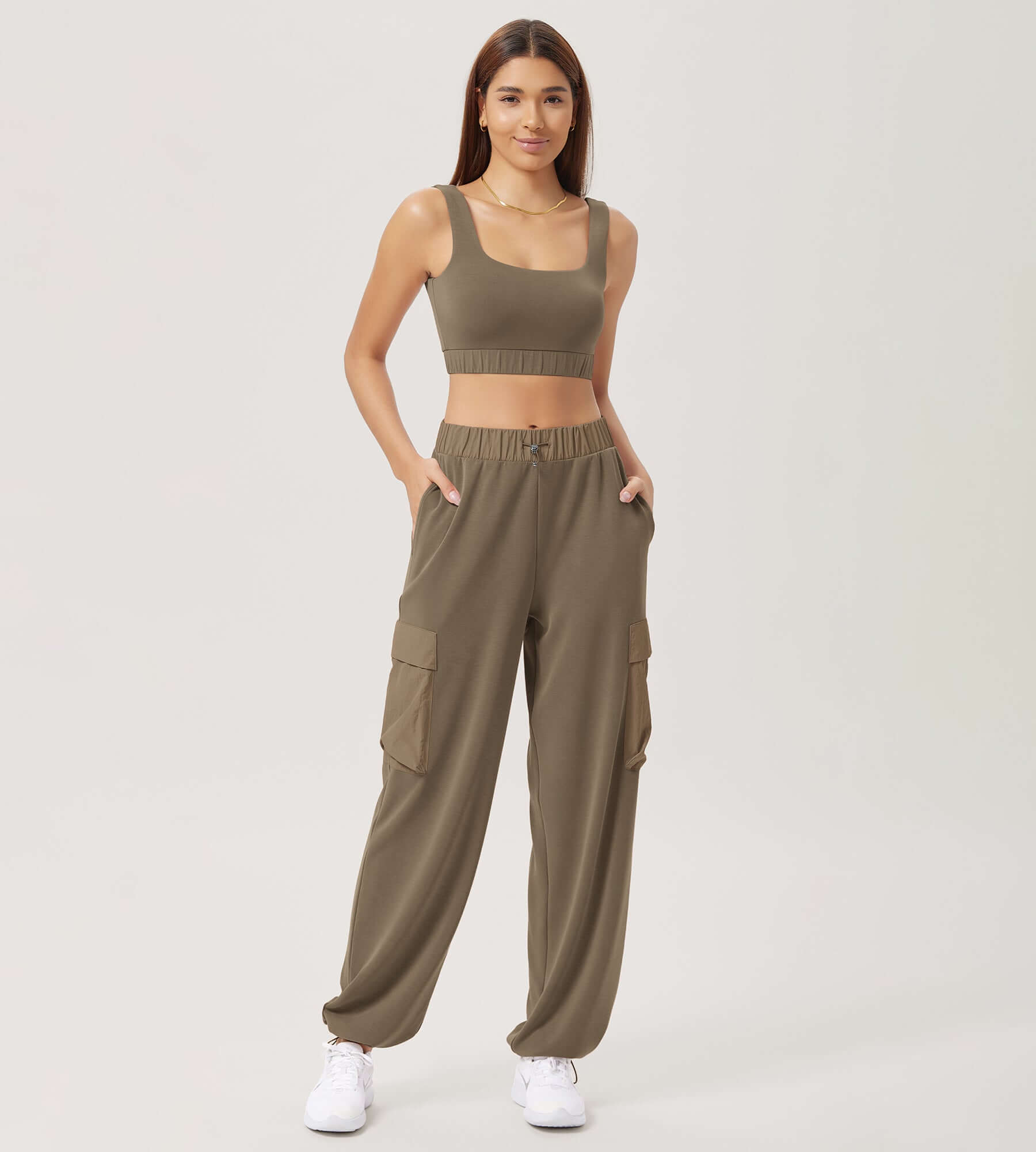 Wide Leg Cargo Adjustable Shockcord Loose Jogger Pants with Pockets Espresso - ododos