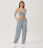 Wide Leg Cargo Adjustable Shockcord Loose Jogger Pants with Pockets Grey Blue - ododos