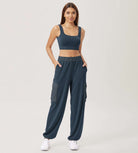 Wide Leg Cargo Adjustable Shockcord Loose Jogger Pants with Pockets Navy - ododos