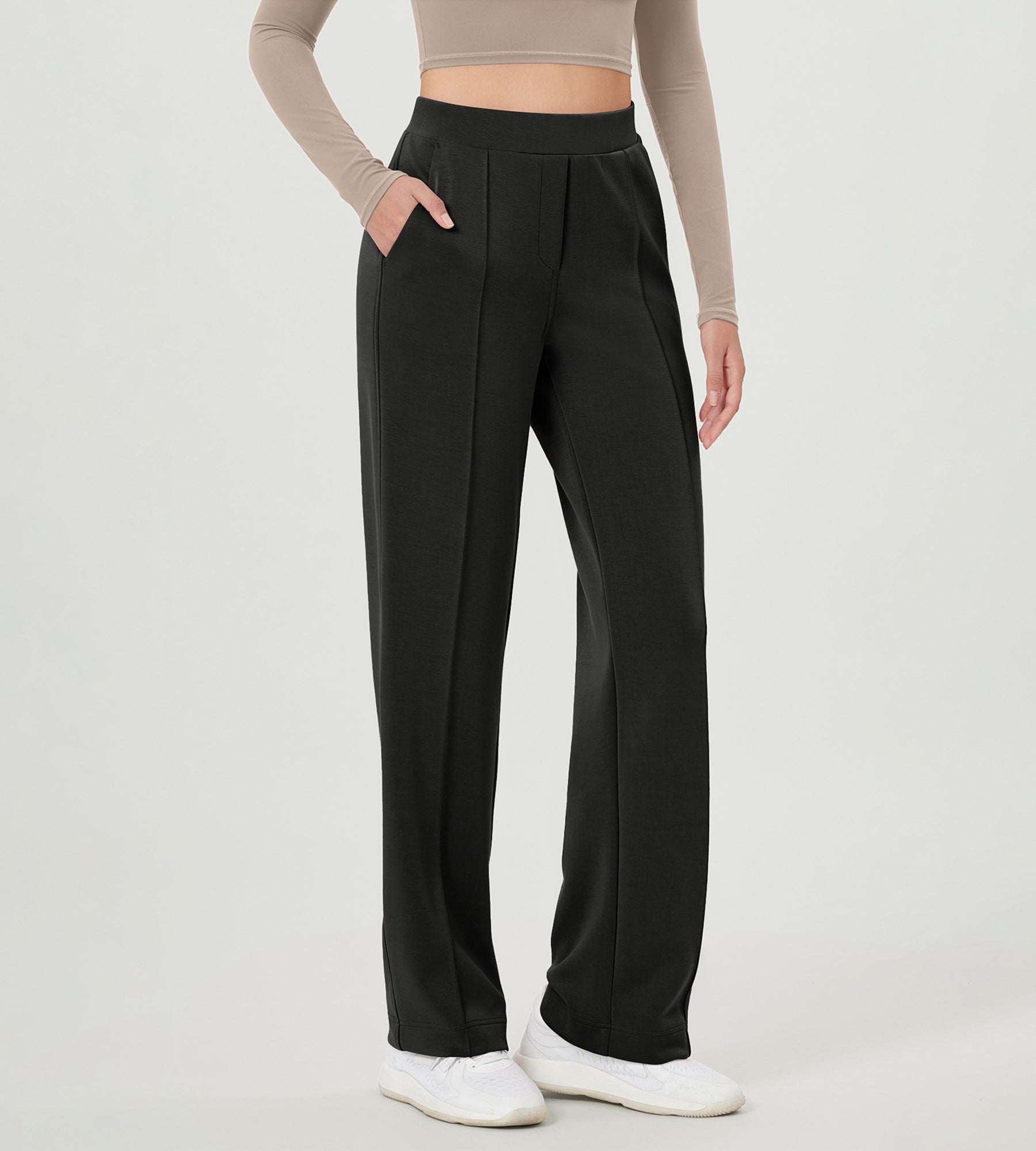 Modal Soft Mid Rise Pull-On Lounge Casual Work Pants with Pockets Black - ododos