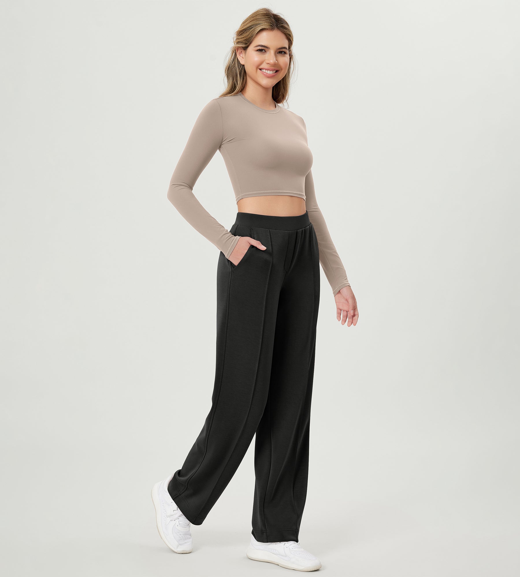 Modal Soft Mid Rise Pull-On Lounge Casual Work Pants with Pockets - ododos