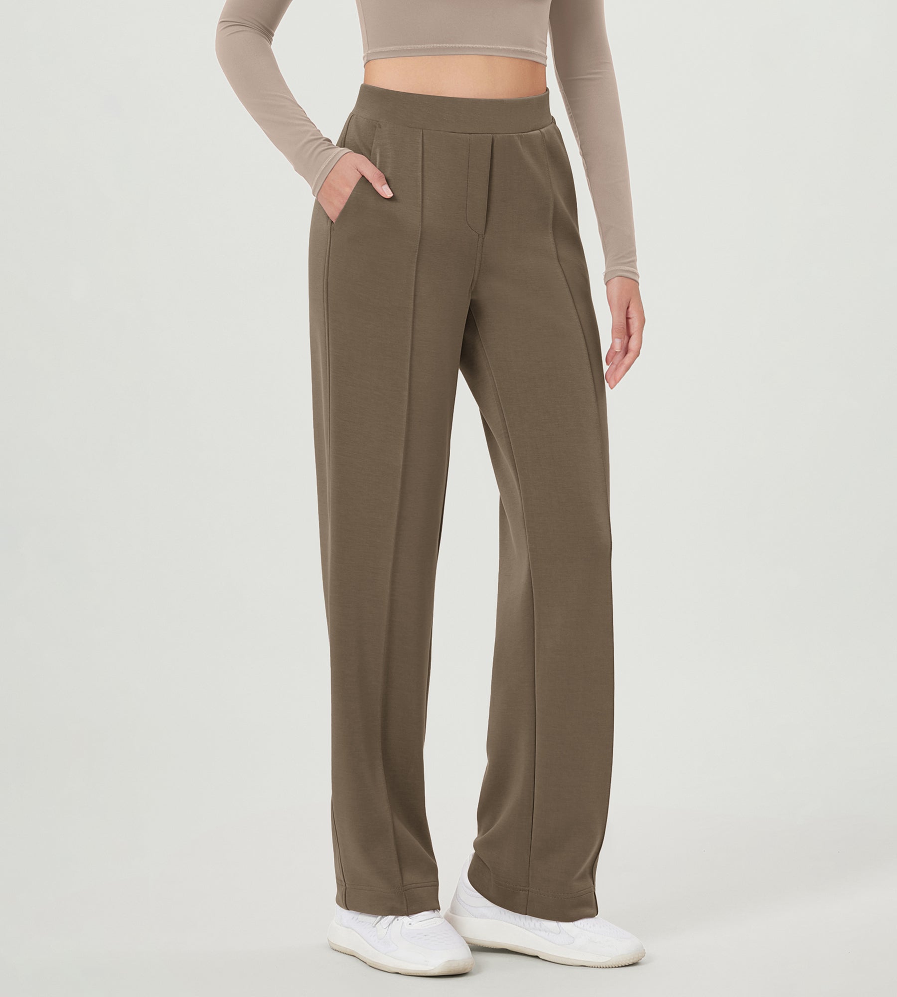 Modal Soft Mid Rise Pull-On Lounge Casual Work Pants with Pockets Espresso - ododos