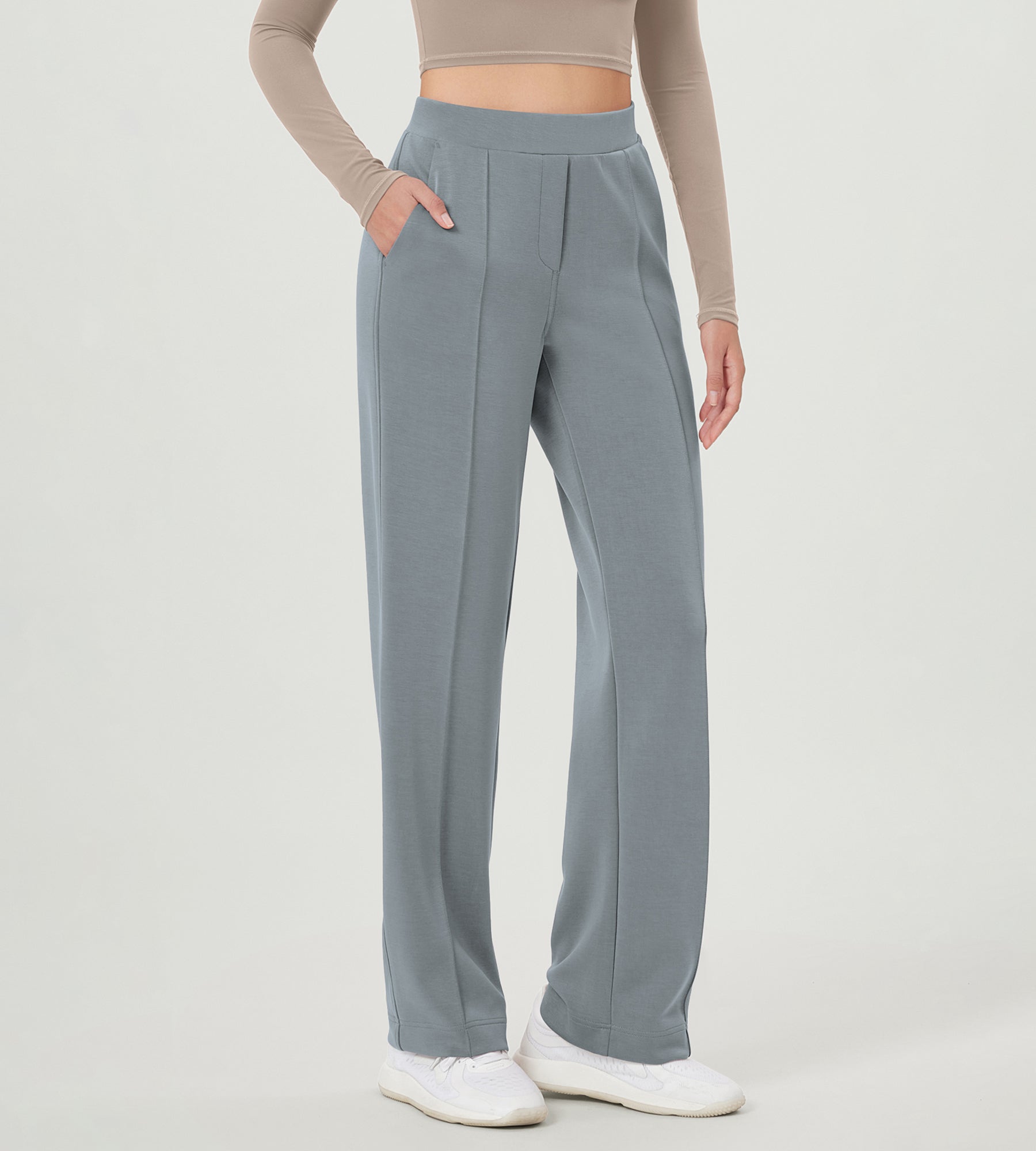 Modal Soft Mid Rise Pull-On Lounge Casual Work Pants with Pockets Grey Blue - ododos