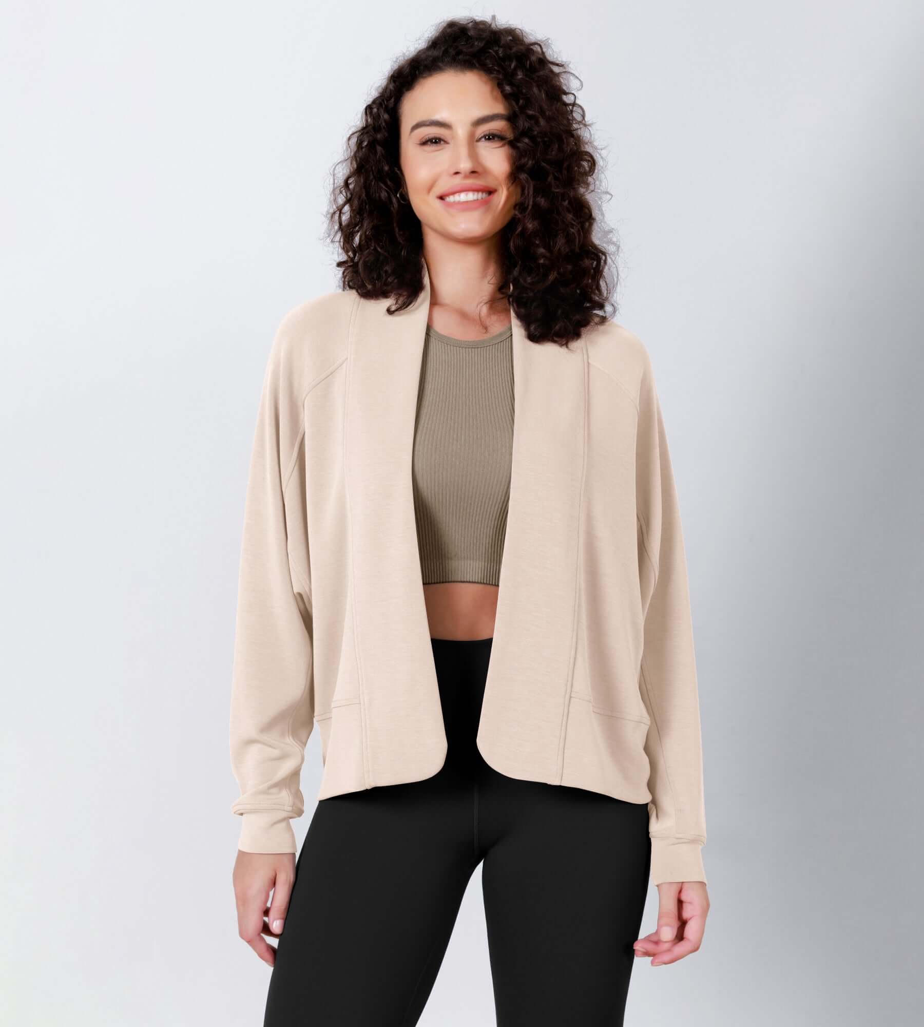 Modal Soft Open Front Long Sleeve Casual Wrap Cardigans Beige - ododos