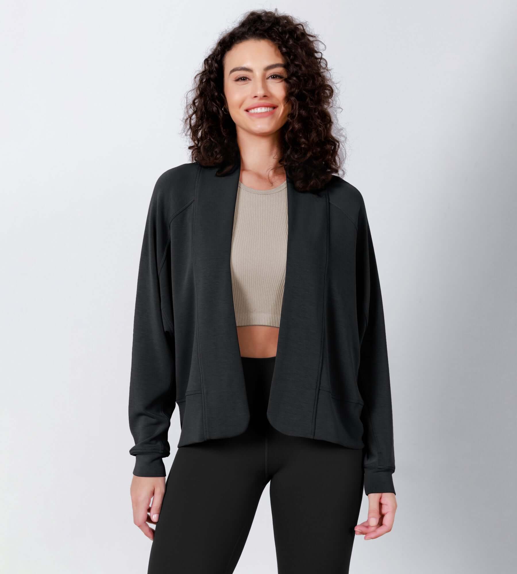 Modal Soft Open Front Long Sleeve Casual Wrap Cardigans Black - ododos