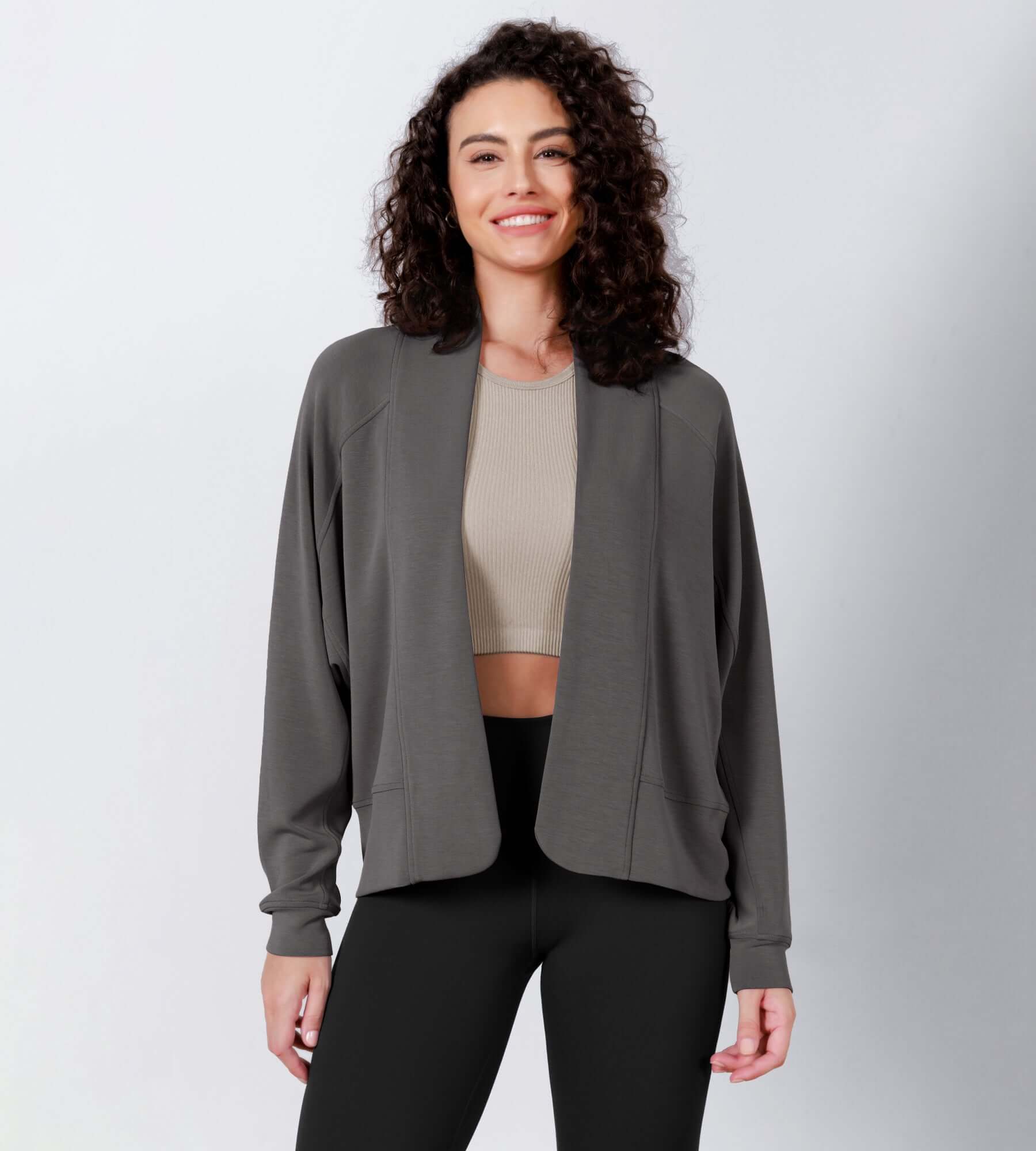 Modal Soft Open Front Long Sleeve Casual Wrap Cardigans Charcoal - ododos