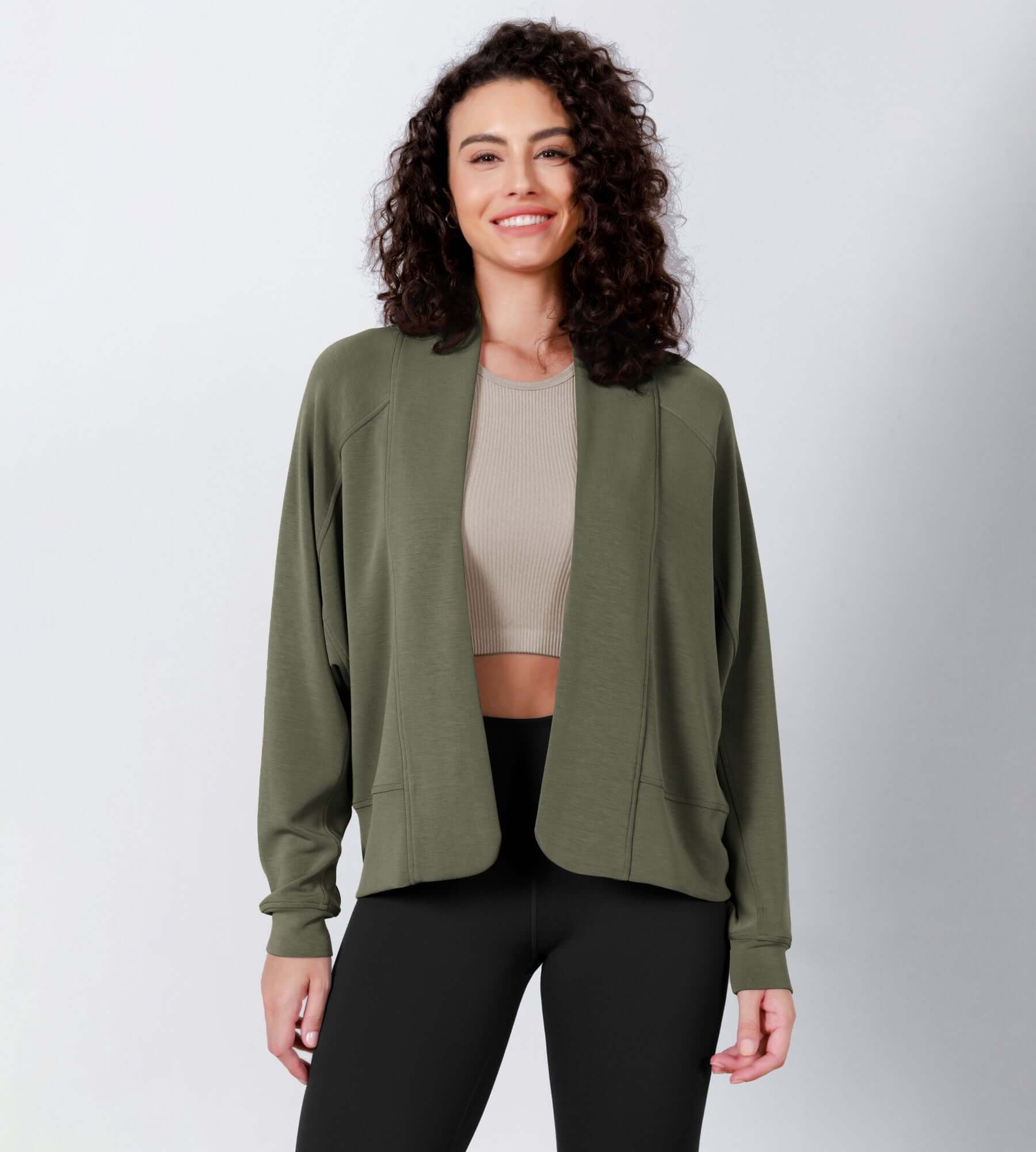 Modal Soft Open Front Long Sleeve Casual Wrap Cardigans Dark Sage - ododos