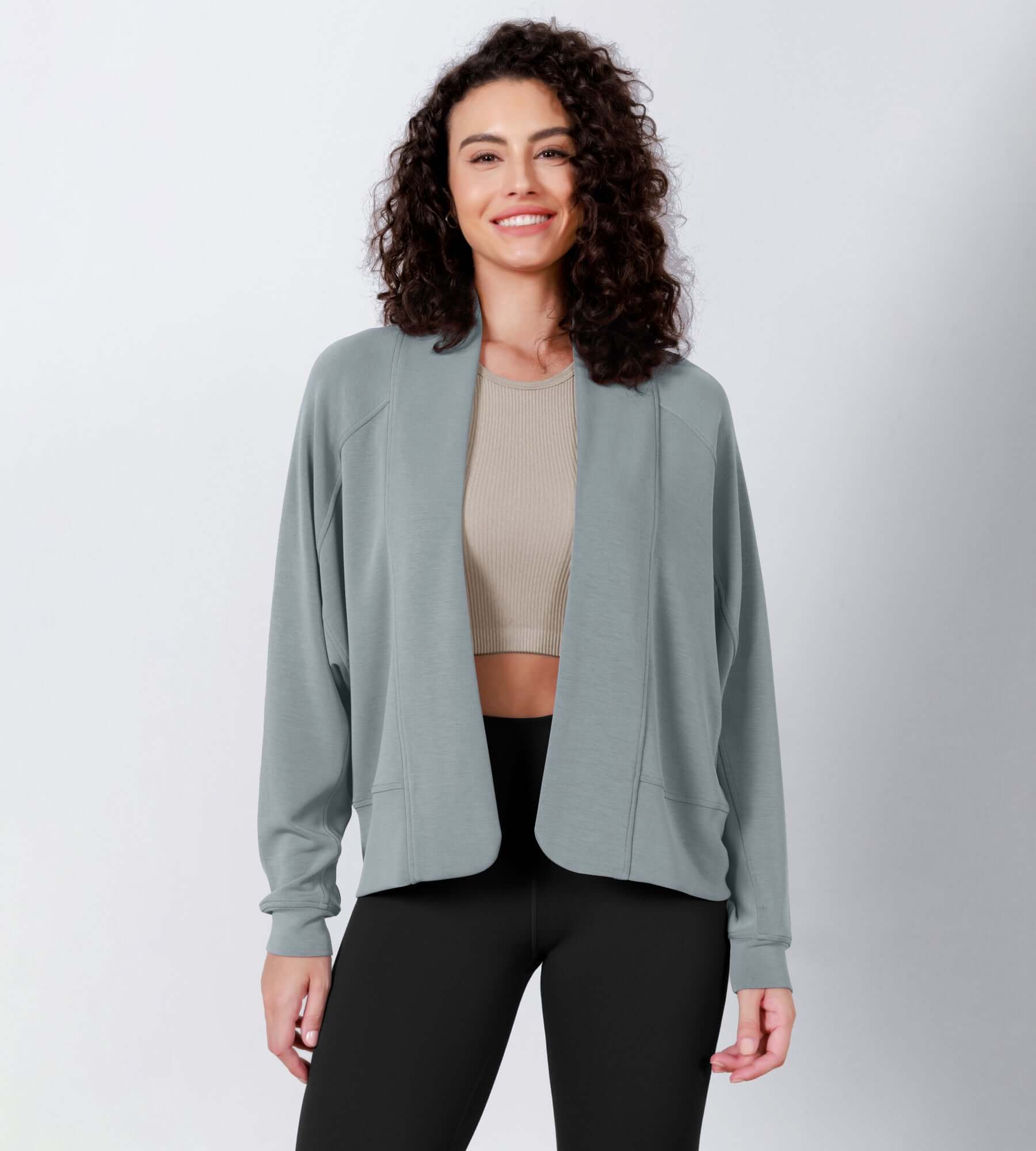 Modal Soft Open Front Long Sleeve Casual Wrap Cardigans Grey Blue - ododos