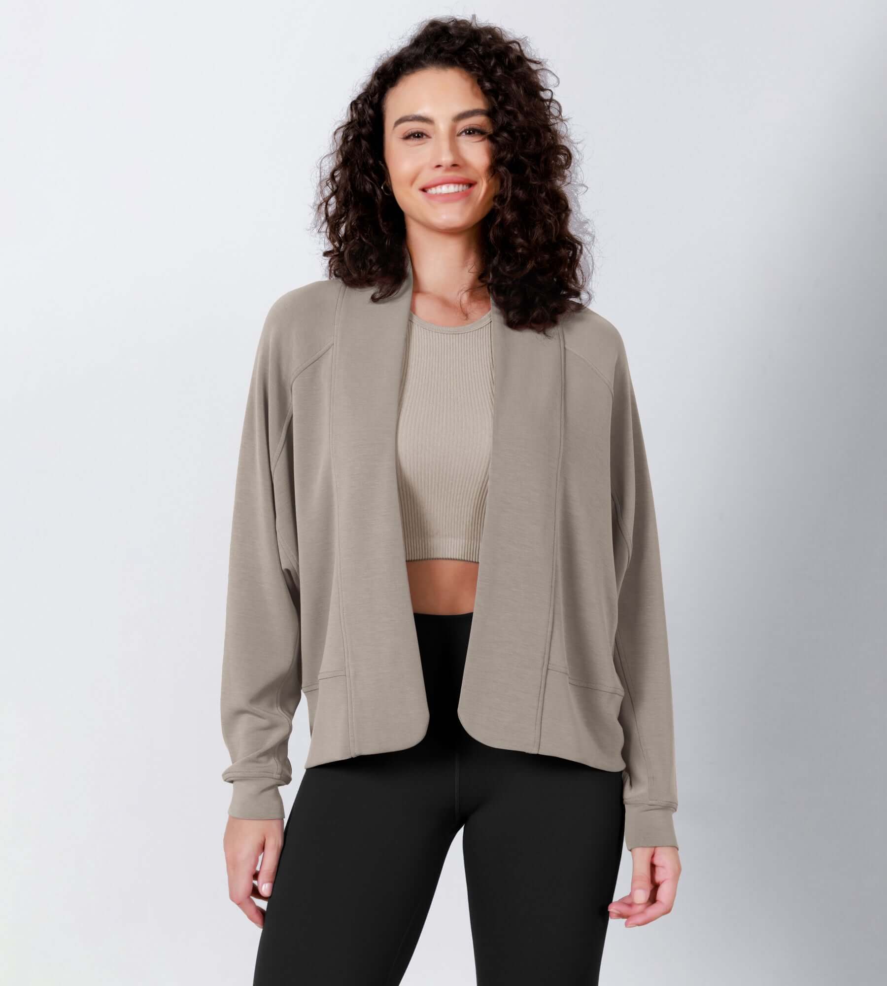 Modal Soft Open Front Long Sleeve Casual Wrap Cardigans Khaki - ododos