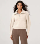 Fleece Lined Half Zip Funnel Neck Long Sleeve Oversized Sweatshirts Cream - ododos