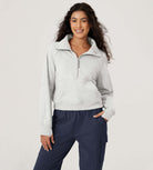 Fleece Lined Half Zip Funnel Neck Long Sleeve Oversized Sweatshirts Heather White - ododos