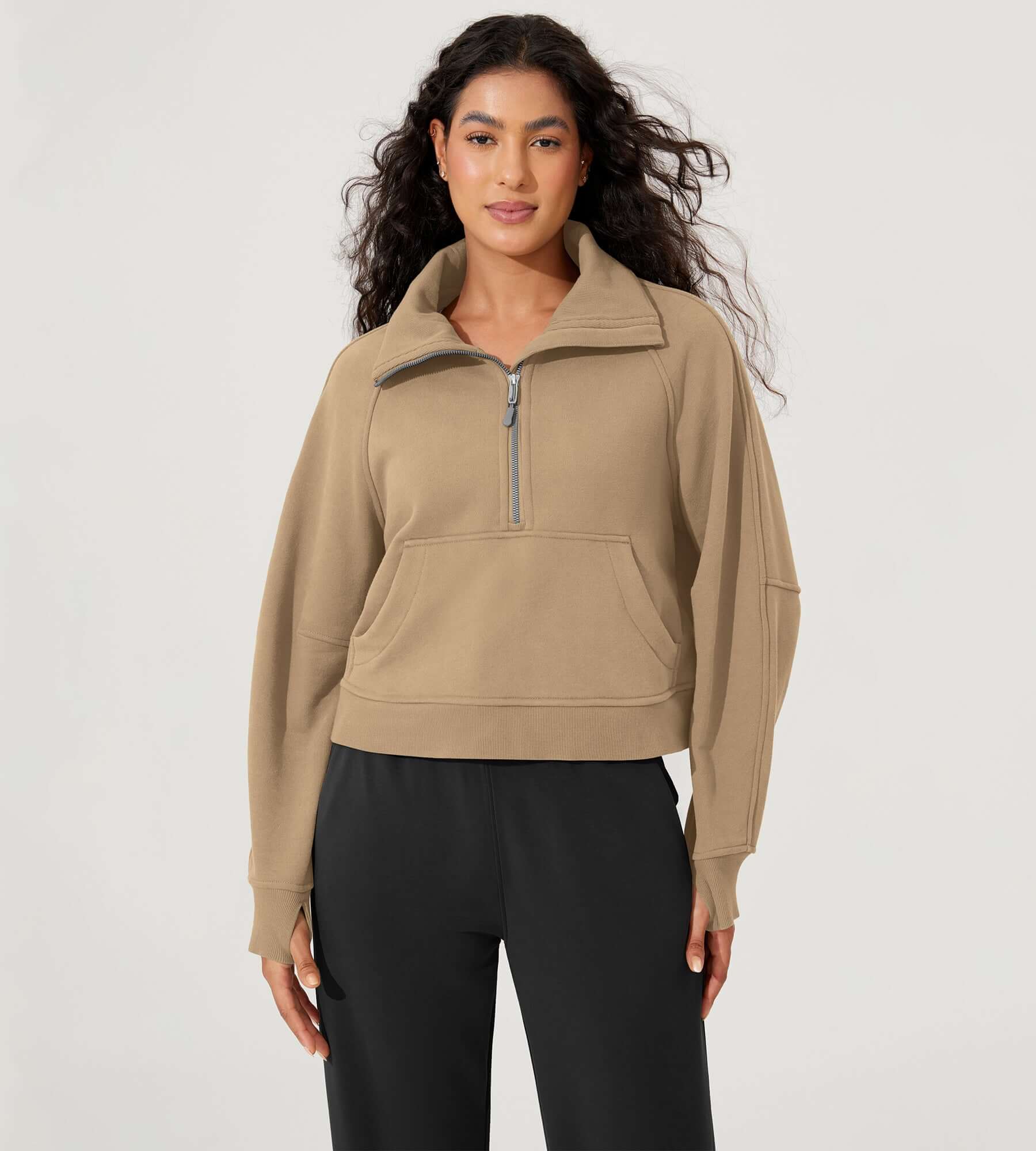 Fleece Lined Half Zip Funnel Neck Long Sleeve Oversized Sweatshirts Khaki - ododos