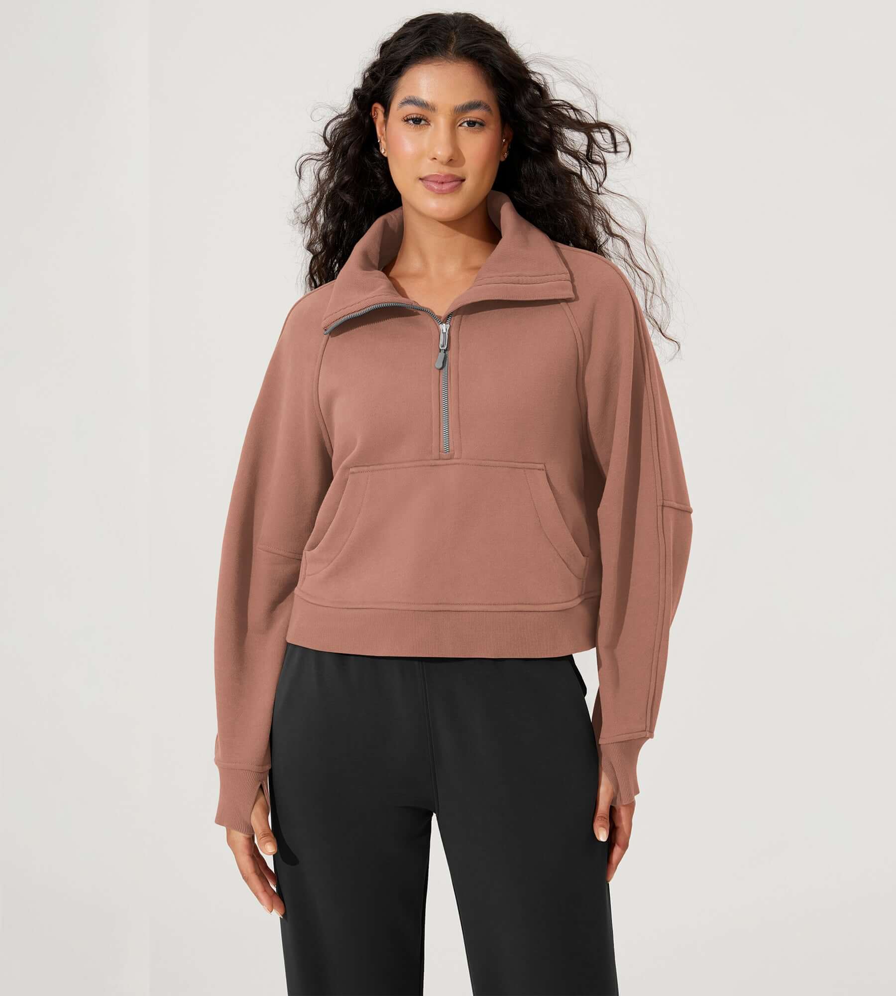 Fleece Lined Half Zip Funnel Neck Long Sleeve Oversized Sweatshirts Muted Clay - ododos