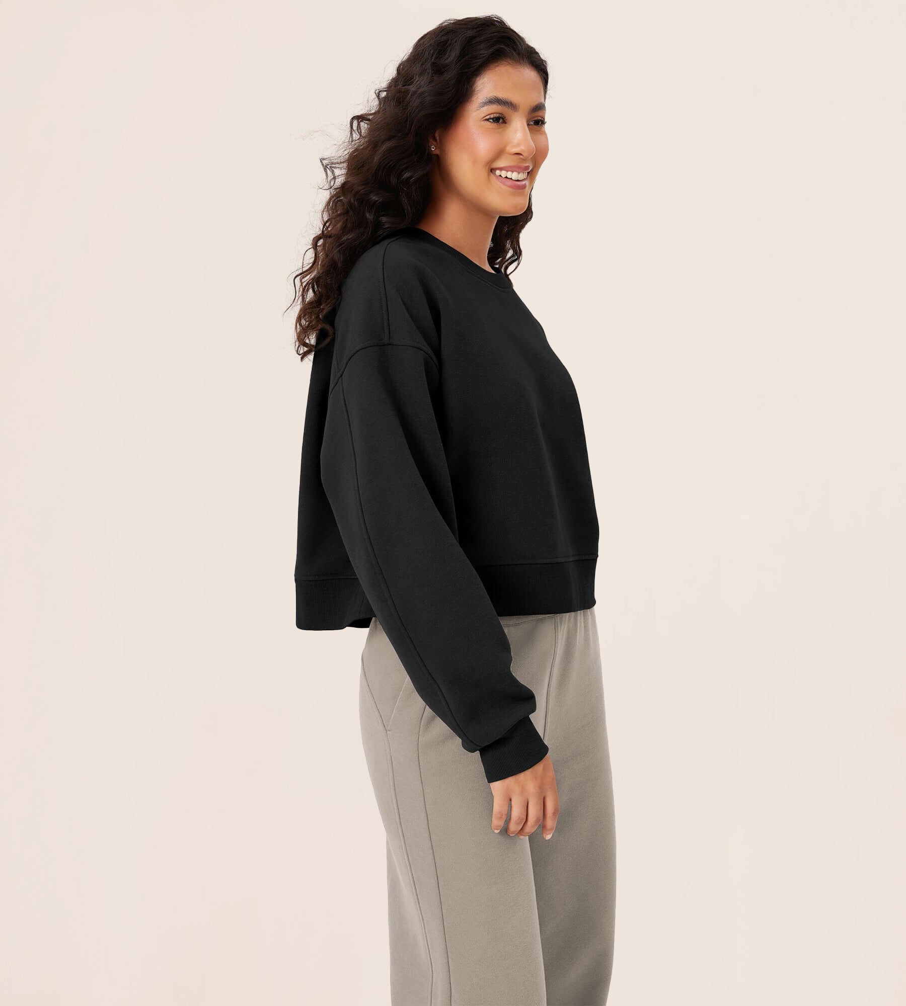 Fleece Lined Cropped Long Sleeve Crew Neck Sweatshirts Pullover - ododos