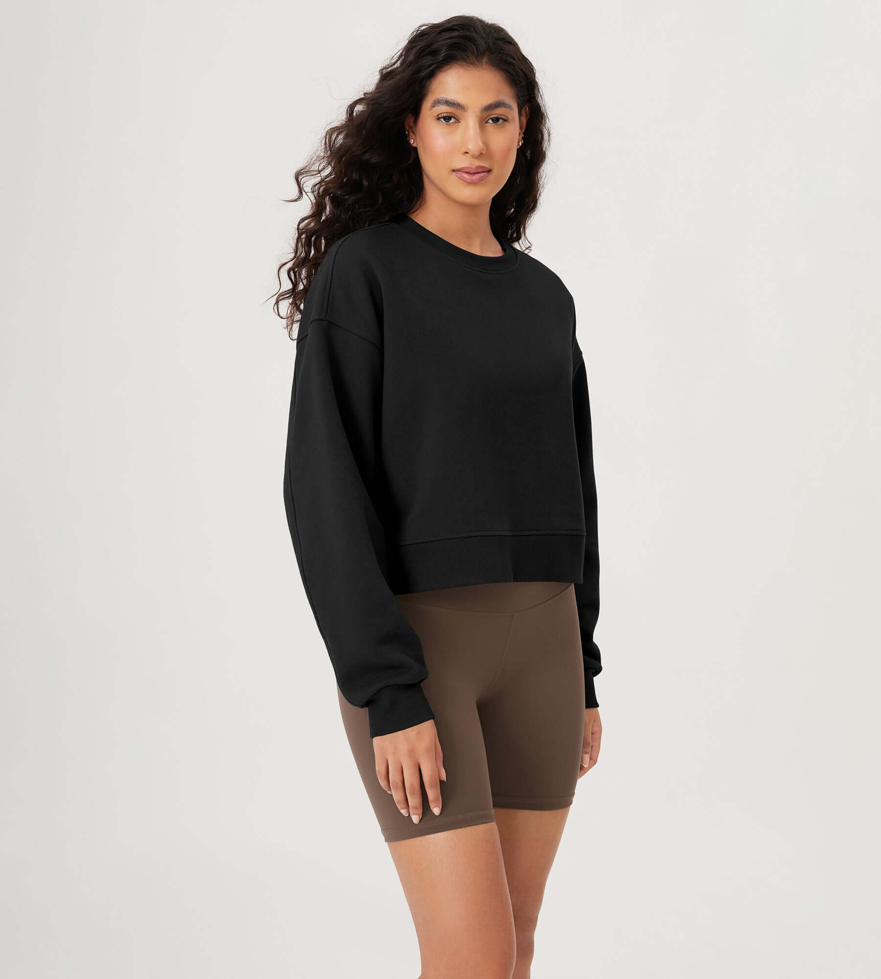 Fleece Lined Cropped Long Sleeve Crew Neck Sweatshirts Pullover - ododos