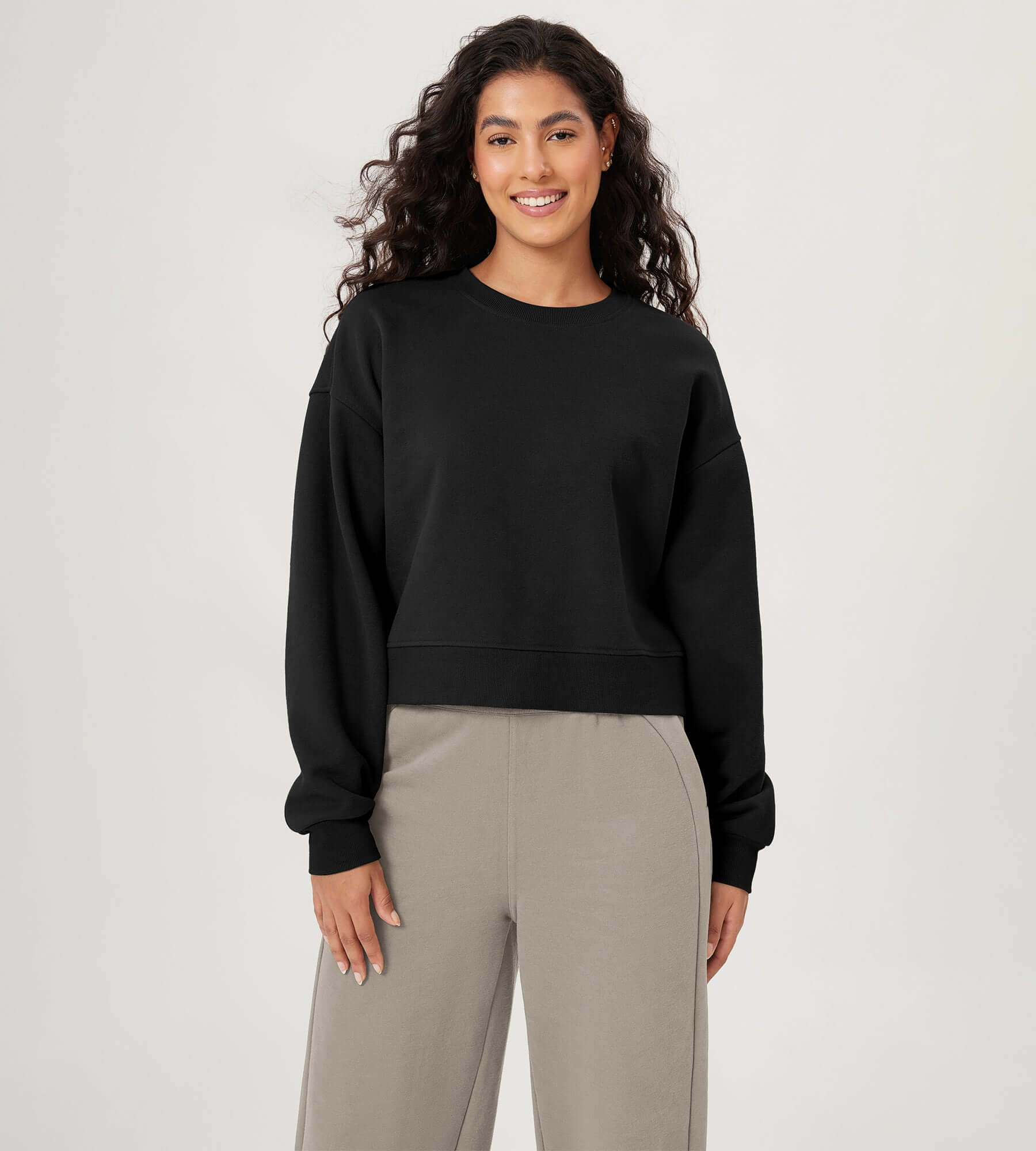 Fleece Lined Cropped Long Sleeve Crew Neck Sweatshirts Pullover - ododos