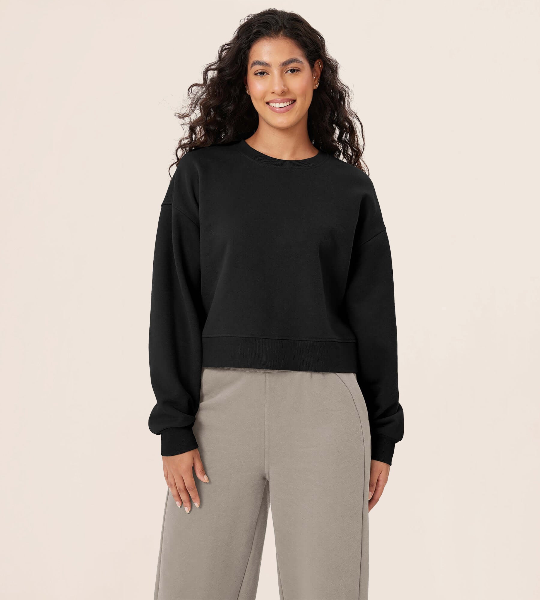 Fleece Lined Cropped Long Sleeve Crew Neck Sweatshirts Pullover - ododos