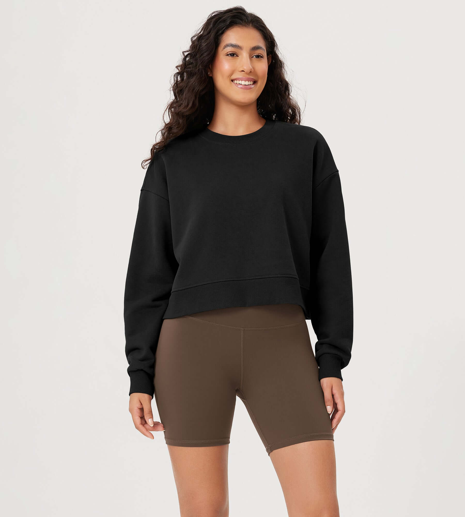 Fleece Lined Cropped Long Sleeve Crew Neck Sweatshirts Pullover - ododos