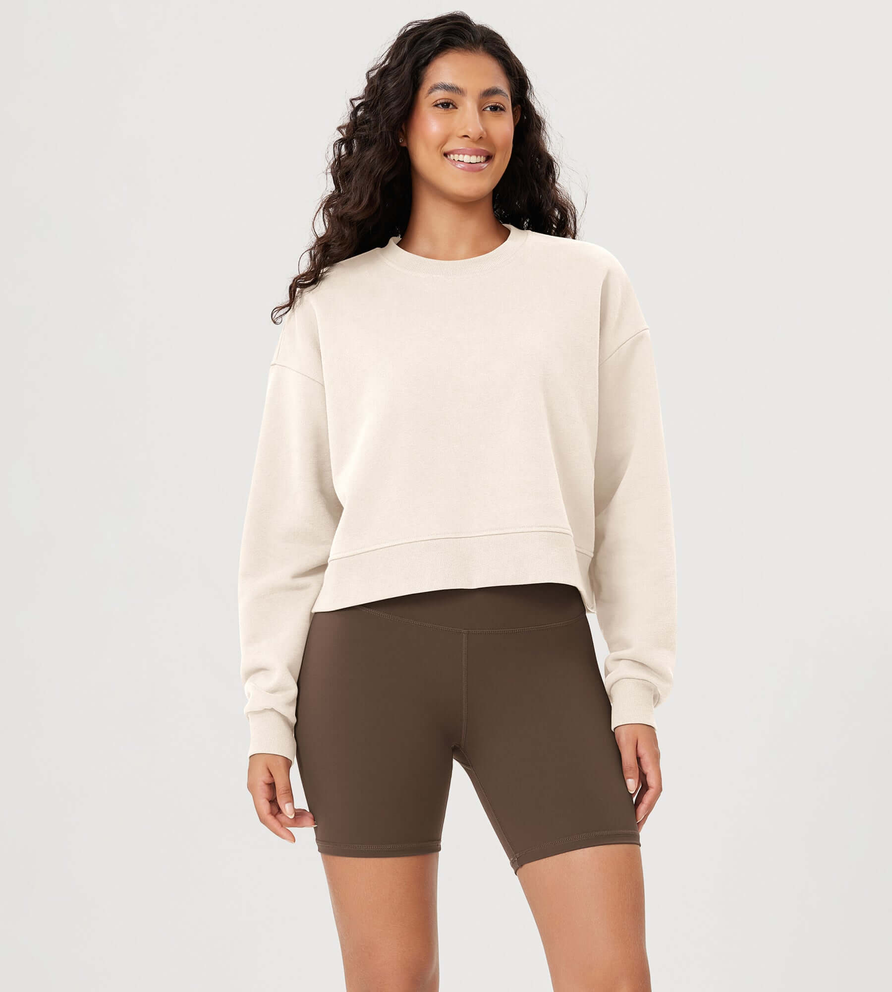 Fleece Lined Cropped Long Sleeve Crew Neck Sweatshirts Pullover Cream - ododos