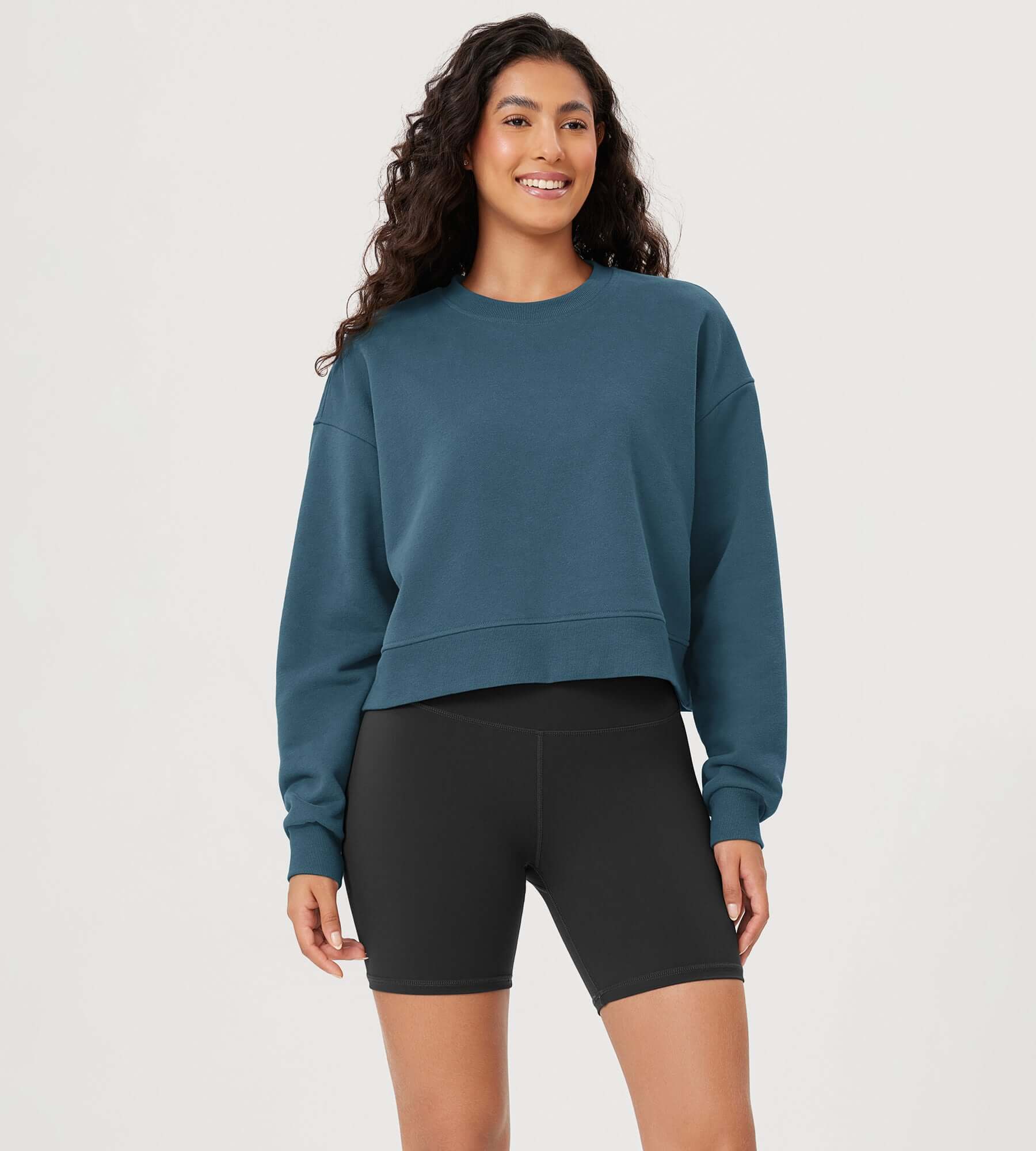 Fleece Lined Cropped Long Sleeve Crew Neck Sweatshirts Pullover Ink Blue - ododos