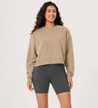 Fleece Lined Cropped Long Sleeve Crew Neck Sweatshirts Pullover Khaki - ododos