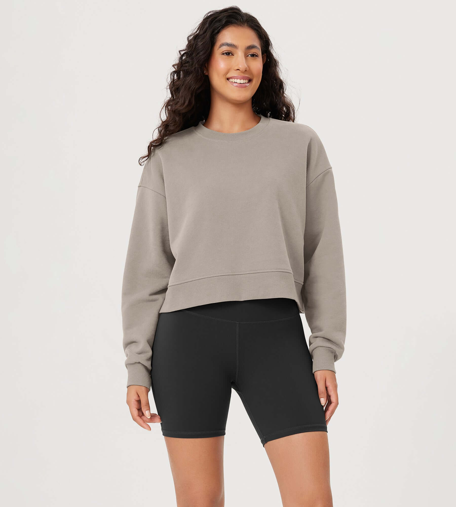 Fleece Lined Cropped Long Sleeve Crew Neck Sweatshirts Pullover mushroom - ododos