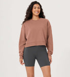 Fleece Lined Cropped Long Sleeve Crew Neck Sweatshirts Pullover Muted Clay - ododos