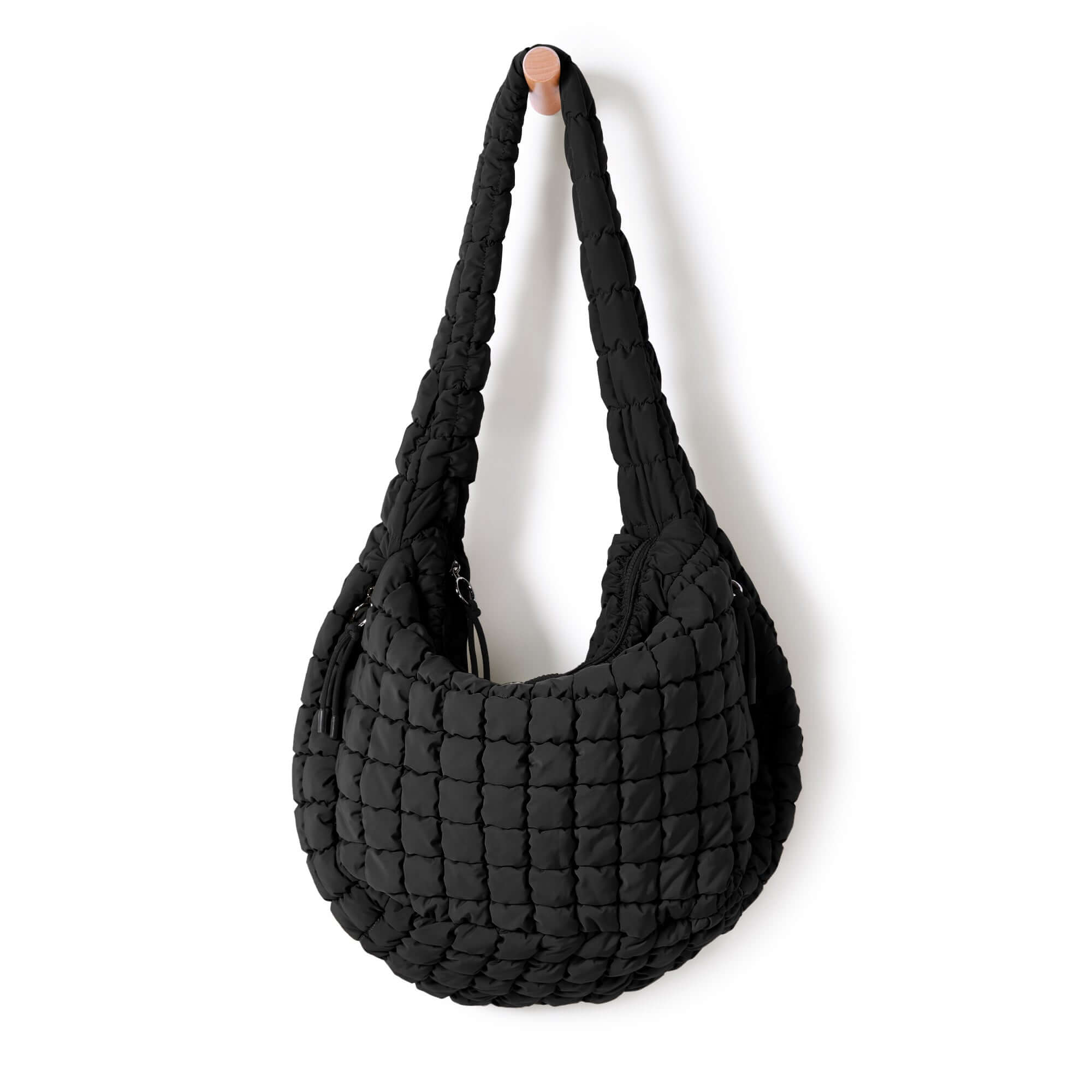 22L Quilted Carryall Crossbody Large Hobo Padding Bag Black - ododos