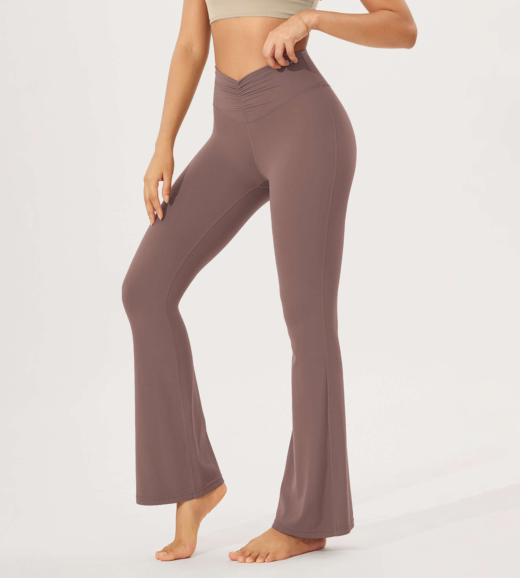 30" Cloud Feeling Ruched Flared Yoga Bootcut Pants Purple Taupe - ododos