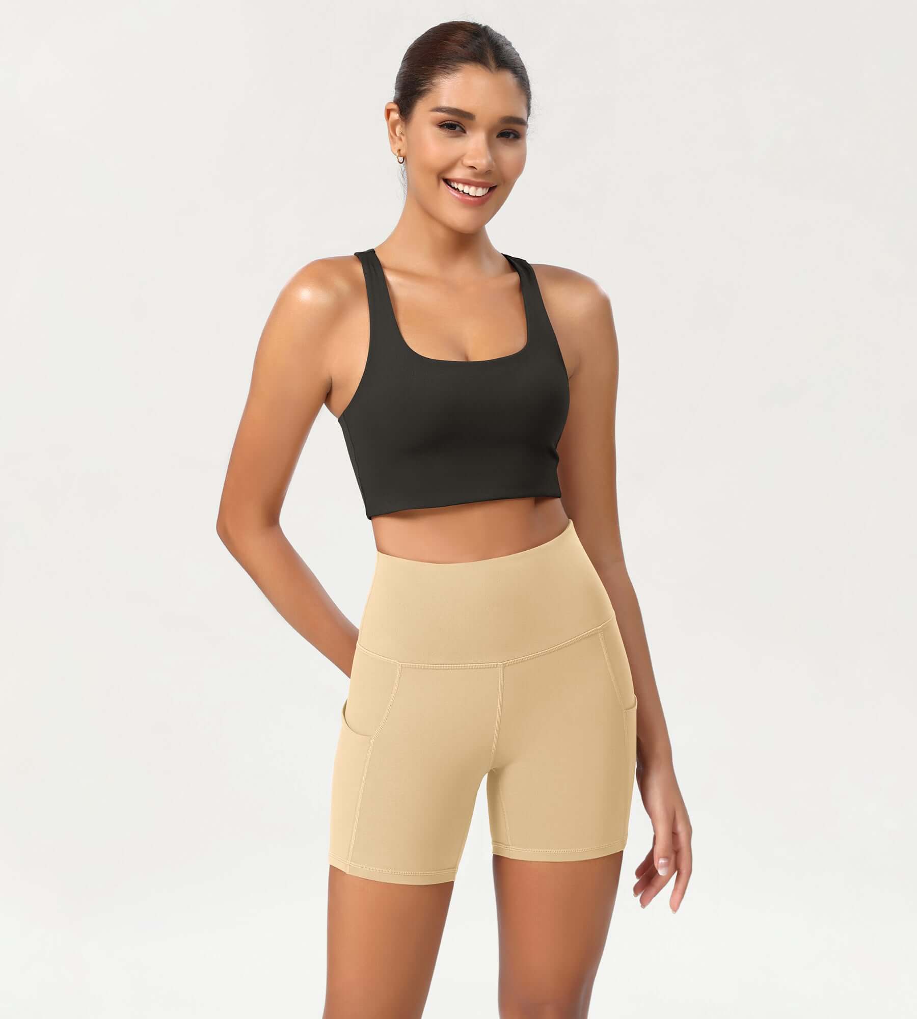 5 High Waist Control Shorts with Pockets Beige - ododos