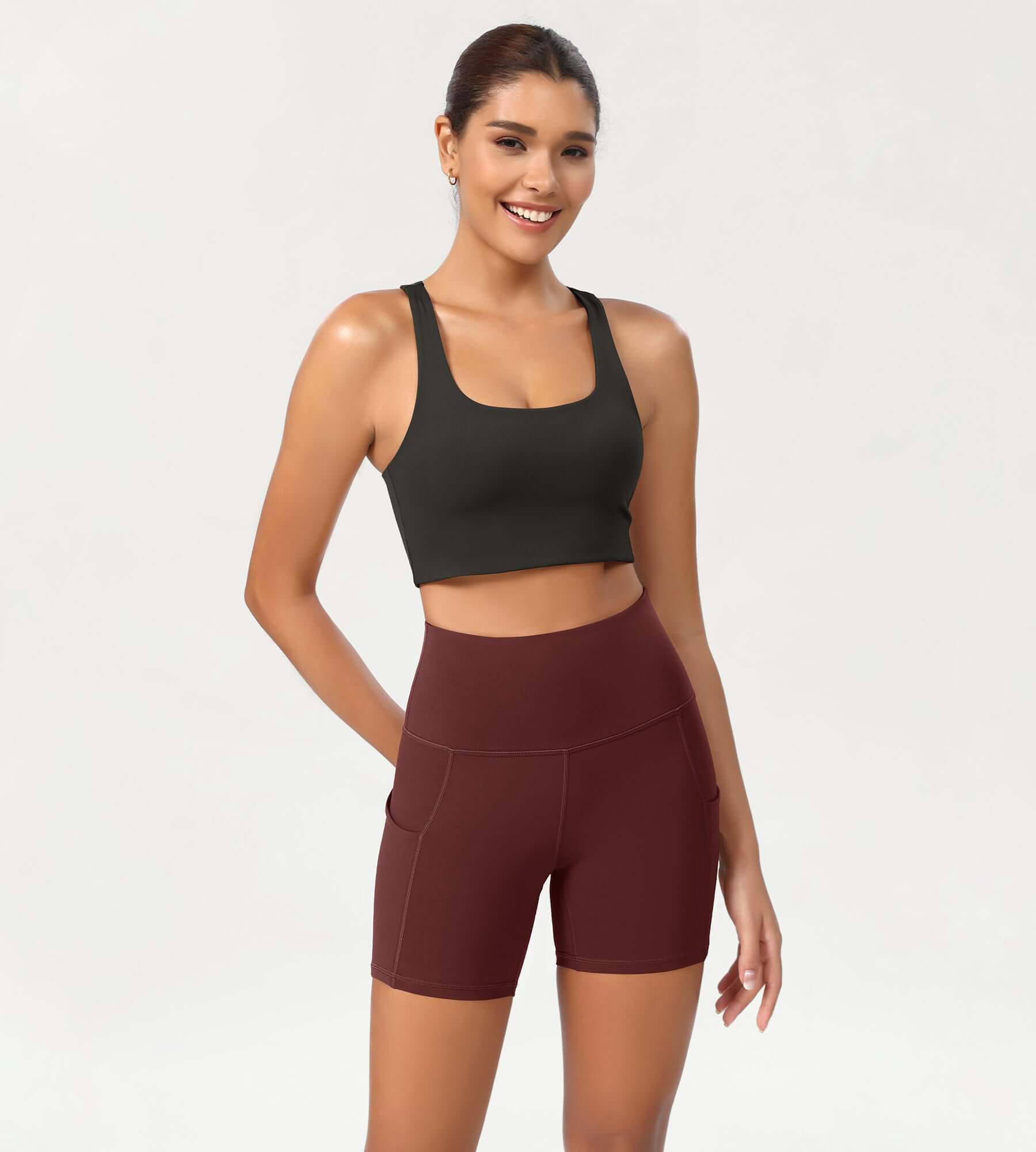 5" High Waist Tummy Control Shorts with Pockets Burgundy - ododos