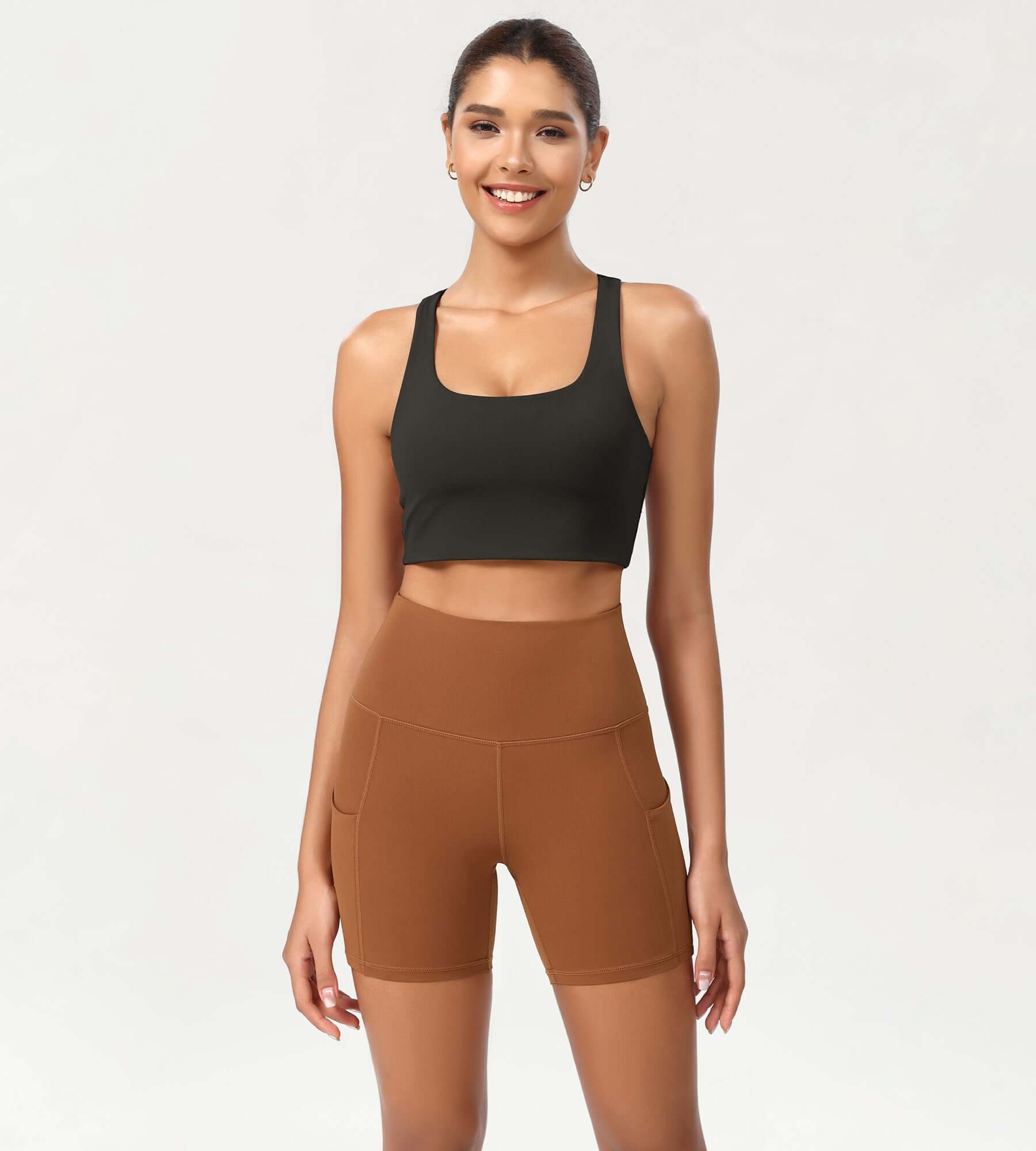 5 High Waist Control Shorts with Pockets Caramel - ododos