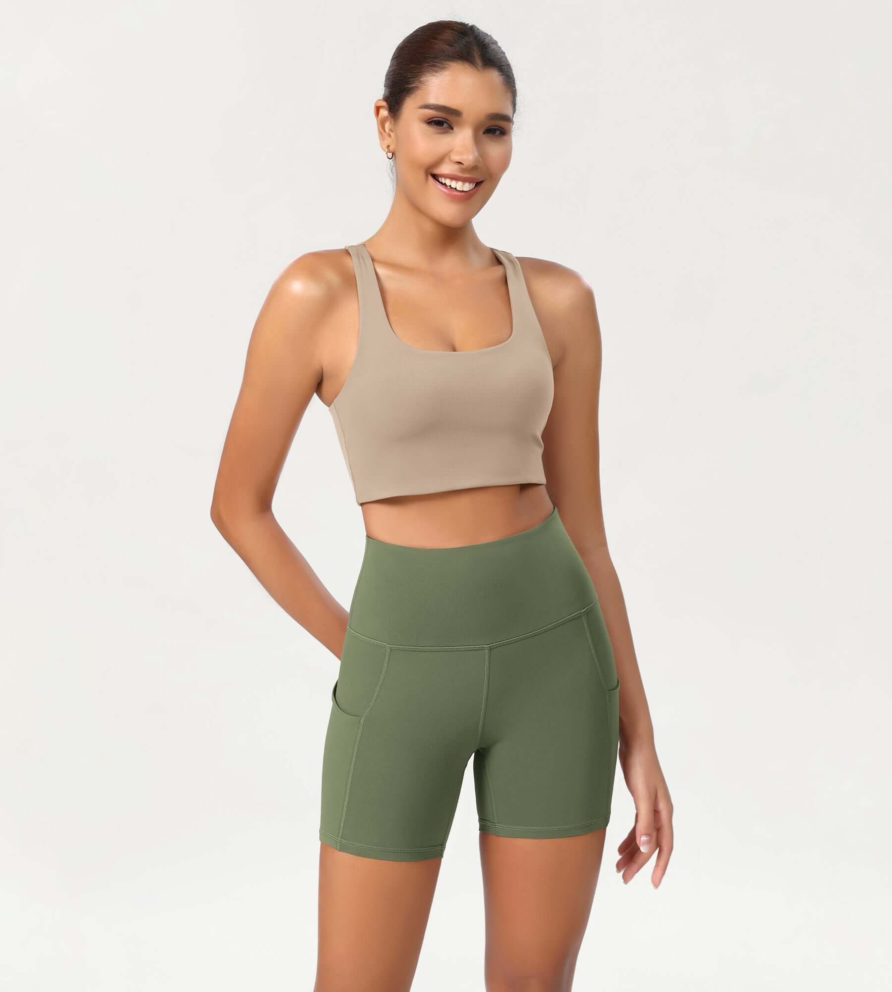 5 High Waist Control Shorts with Pockets Dark Olive - ododos