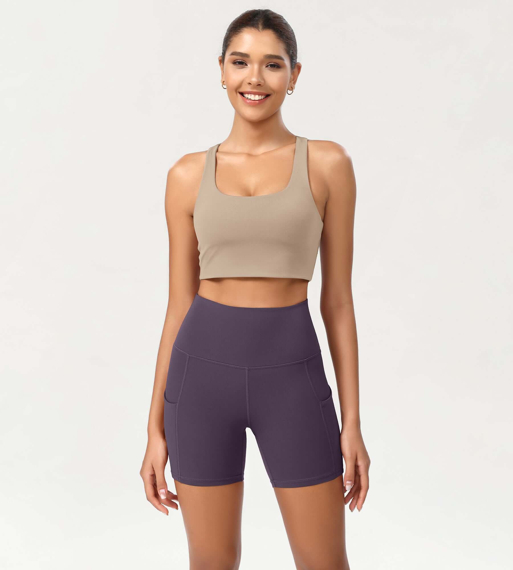 5 High Waist Control Shorts with Pockets Dark Purple - ododos