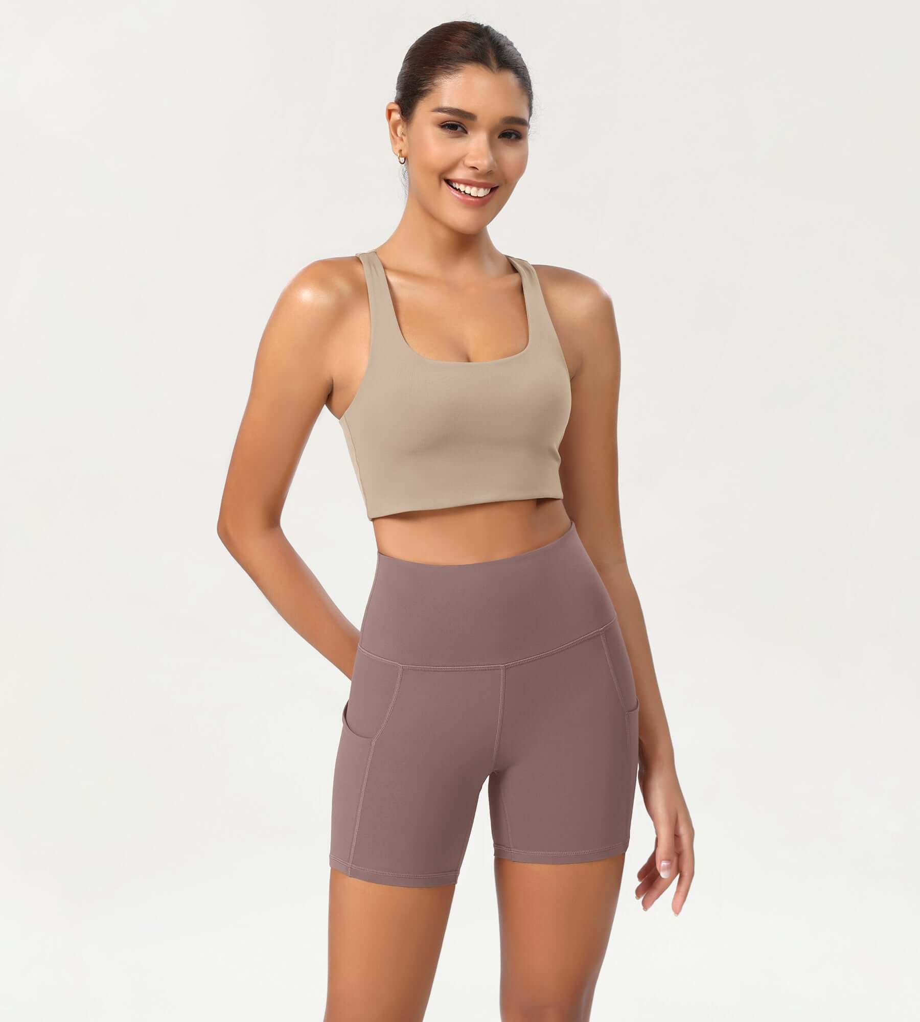5 High Waist Control Shorts with Pockets Purple Taupe - ododos
