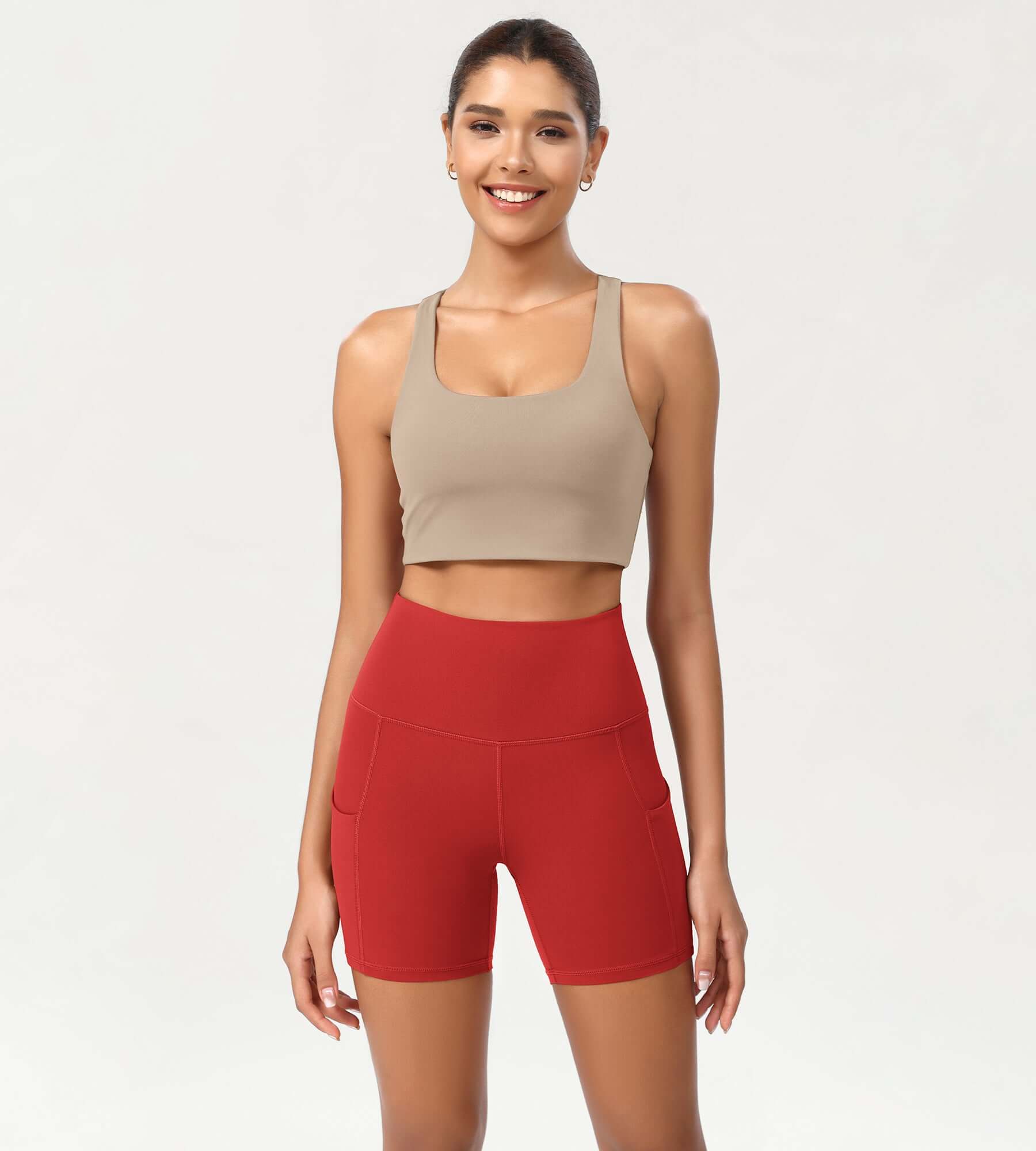 5 High Waist Control Shorts with Pockets Red - ododos