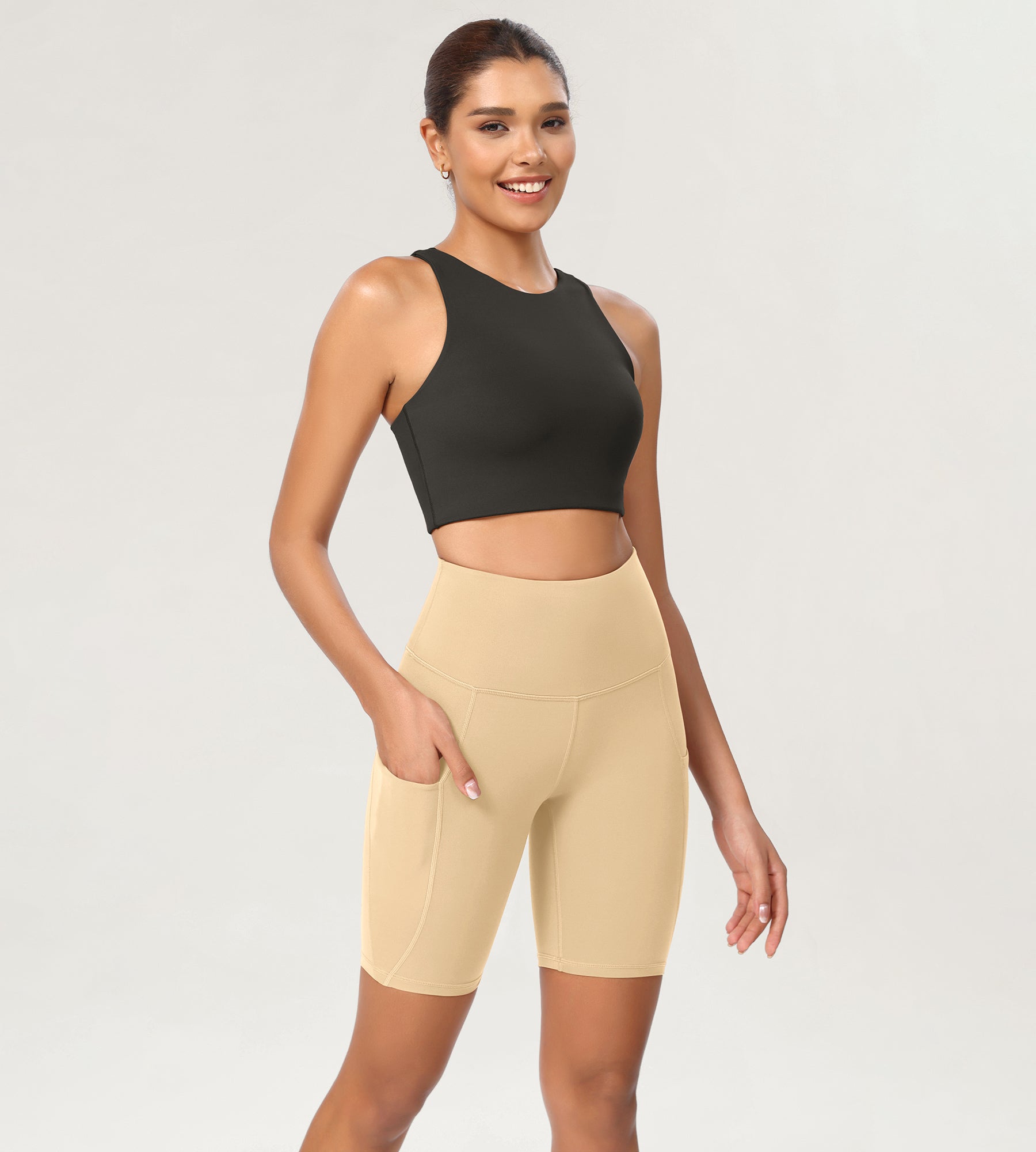 8" Tummy Control 2.0 High Waist Athletic Workout Shorts with Pockets Beige - ododos