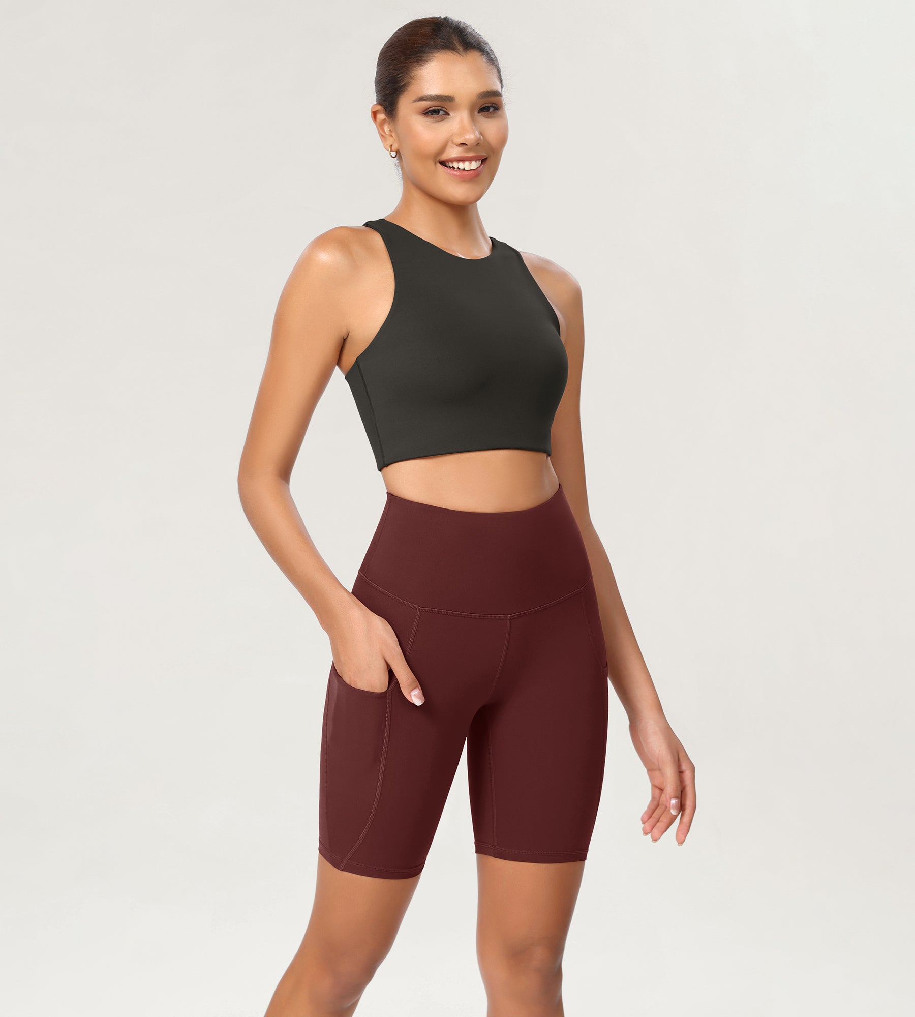 8 Tummy Control 2.0 High Waist Athletic Workout Shorts with Pockets Burgundy - ododos