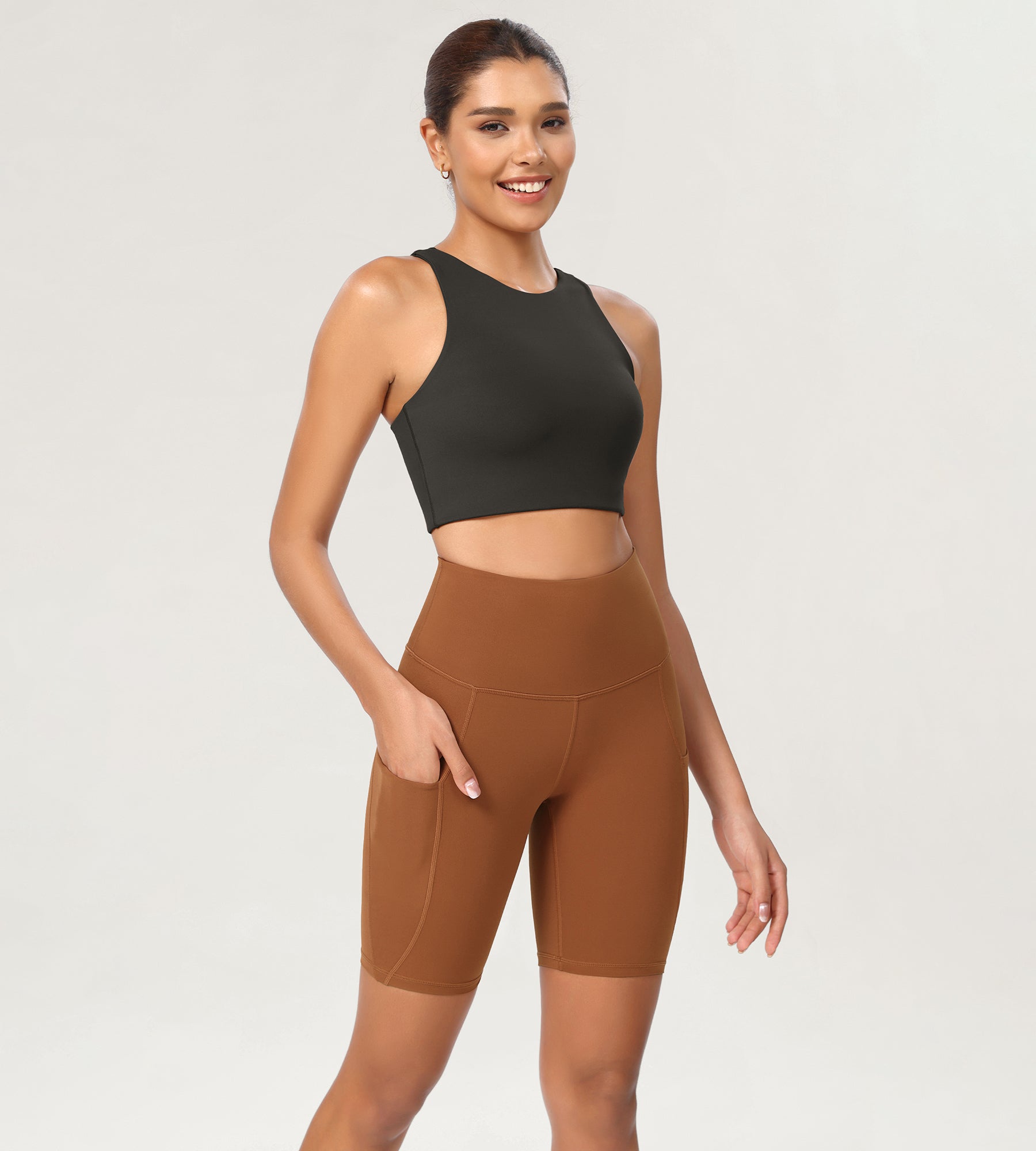 8 Tummy Control 2.0 High Waist Athletic Workout Shorts with Pockets Caramel - ododos