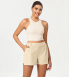 Stretch Woven High Waist Relaxed Shorts Beige - ododos