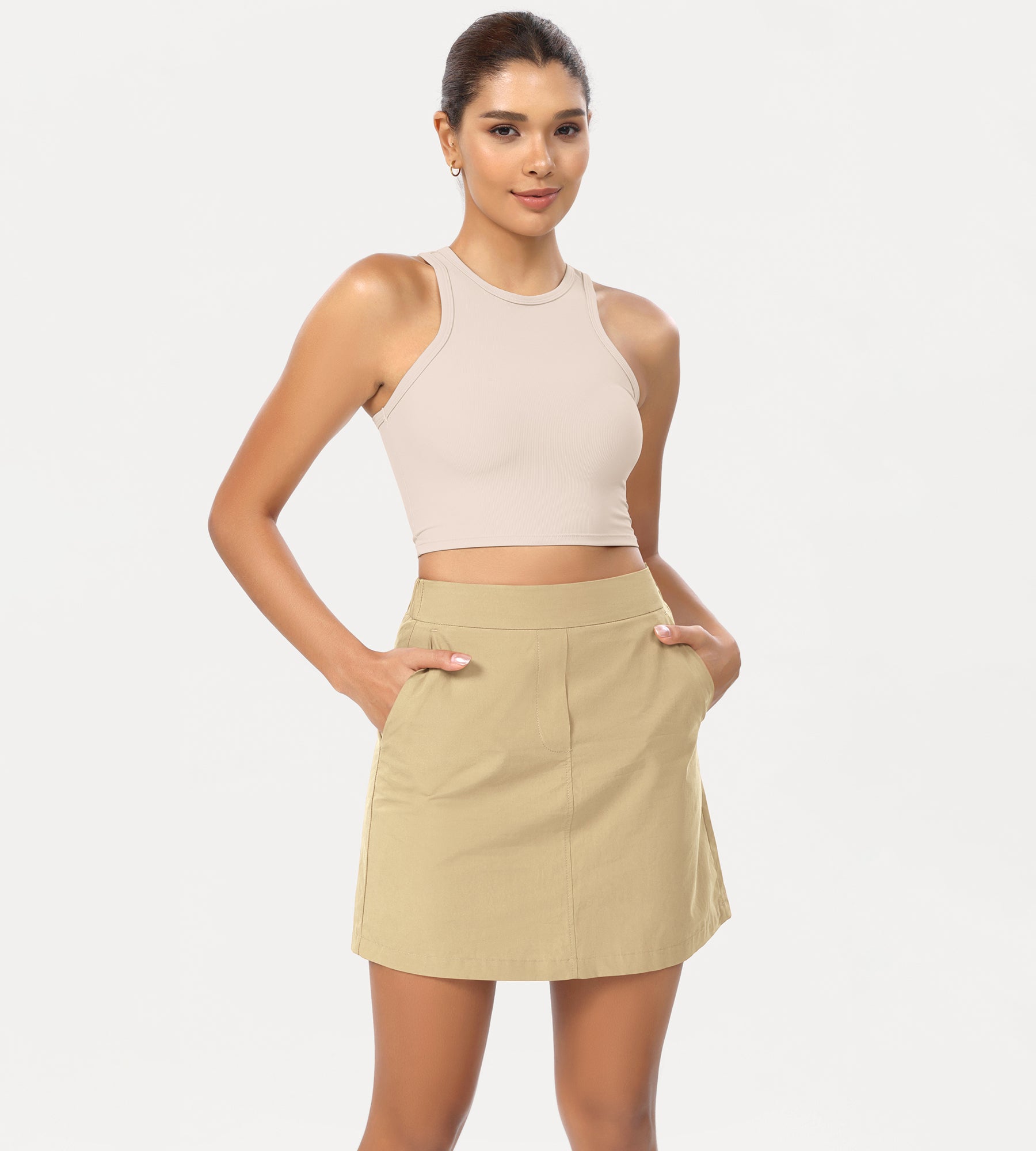 Cotton A-Line Mini Skirts with Pockets Beige - ododos